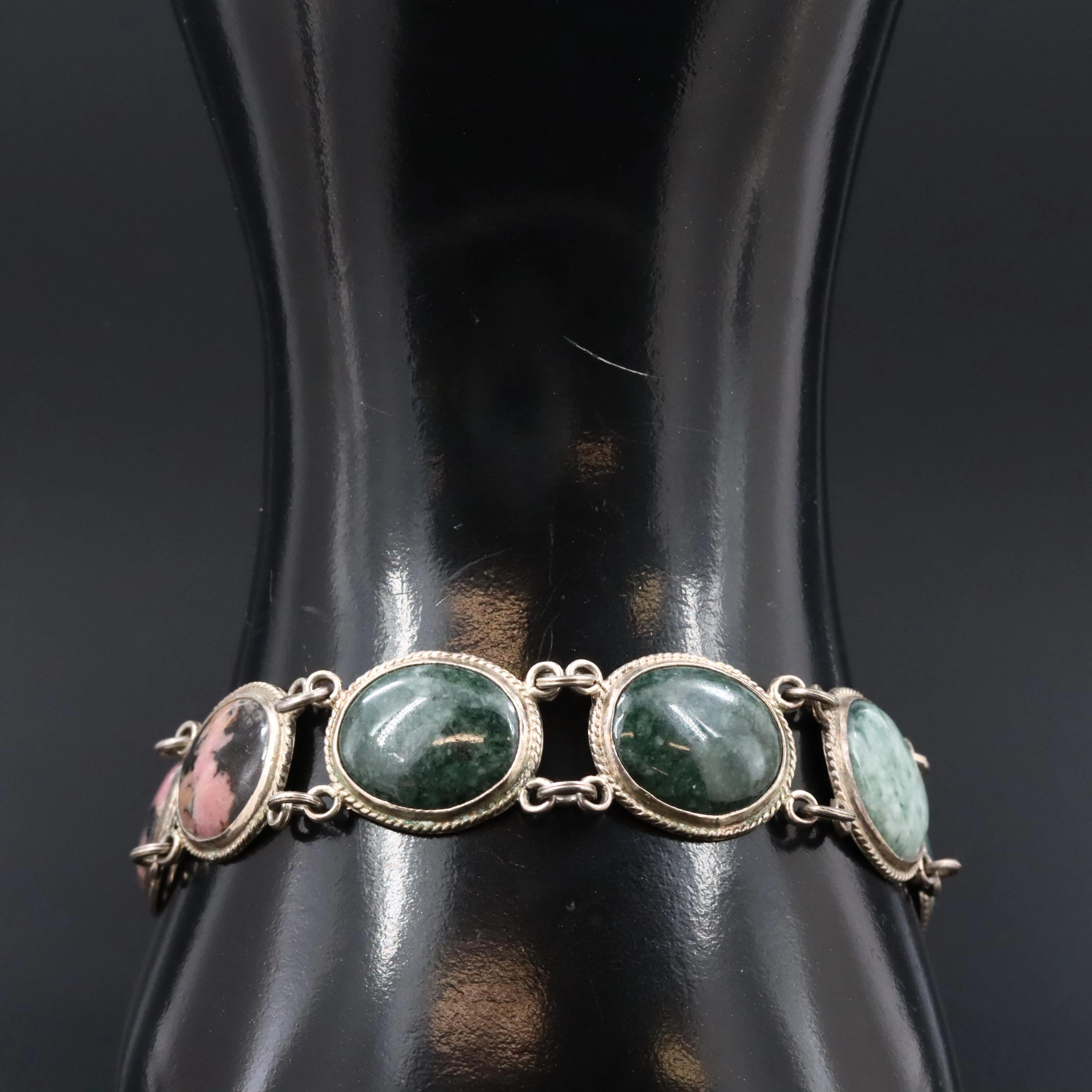 Sterling Gemstone Bracelet with Rhodonite, Black Onyx and Nephrite