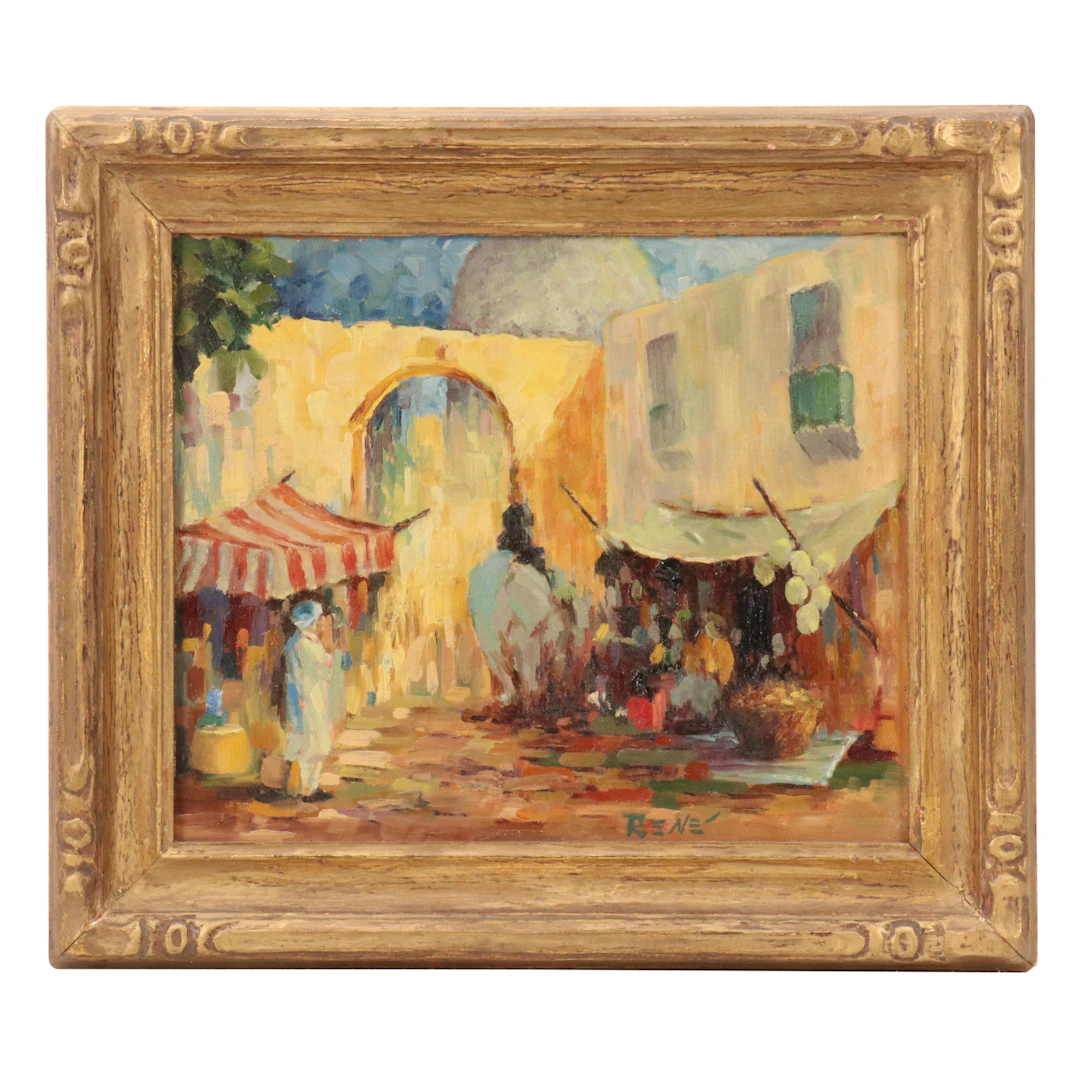 René Street Market Oil Painting, Mid-20th Century