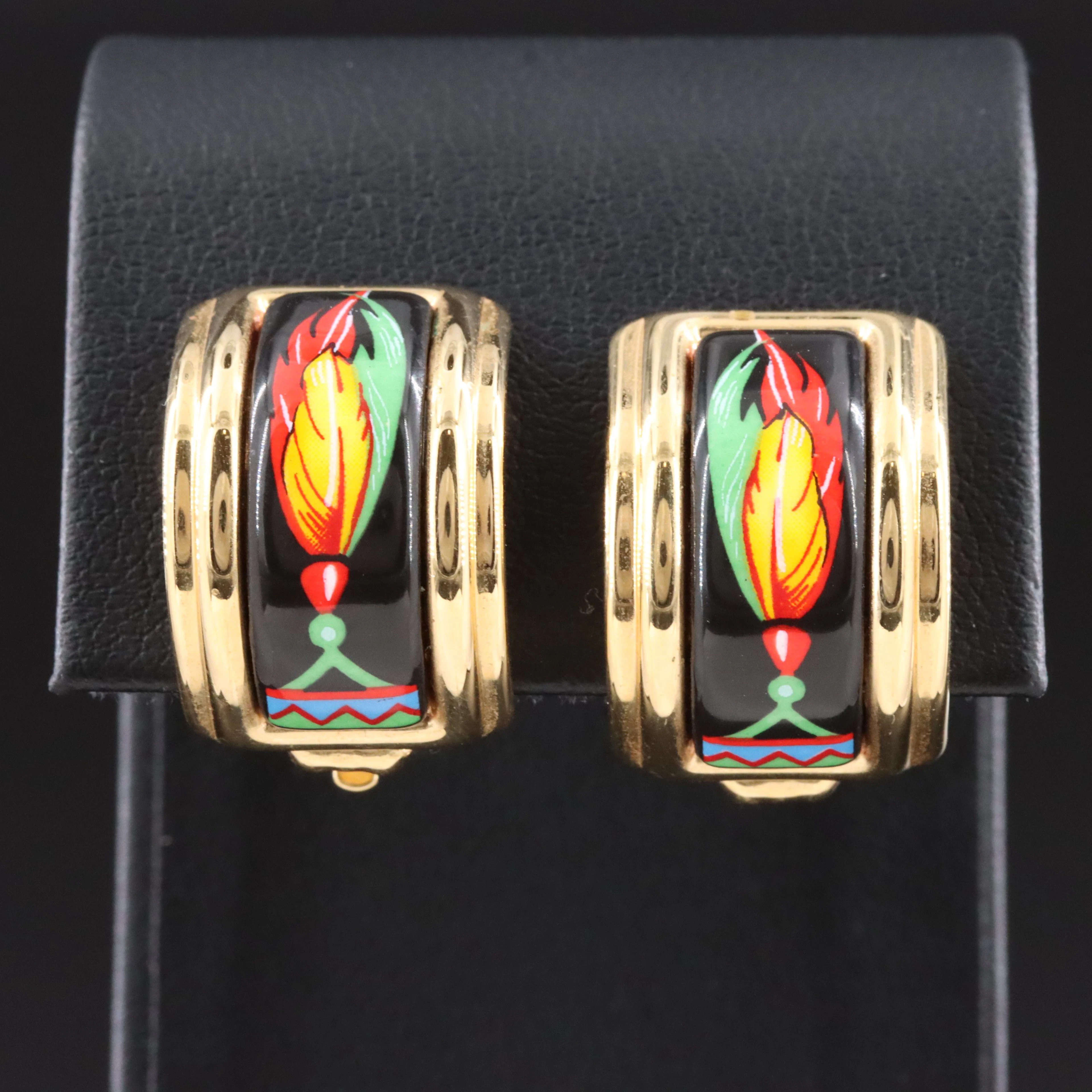 Hermès Feather Motif Black Enamel Clip Earrings