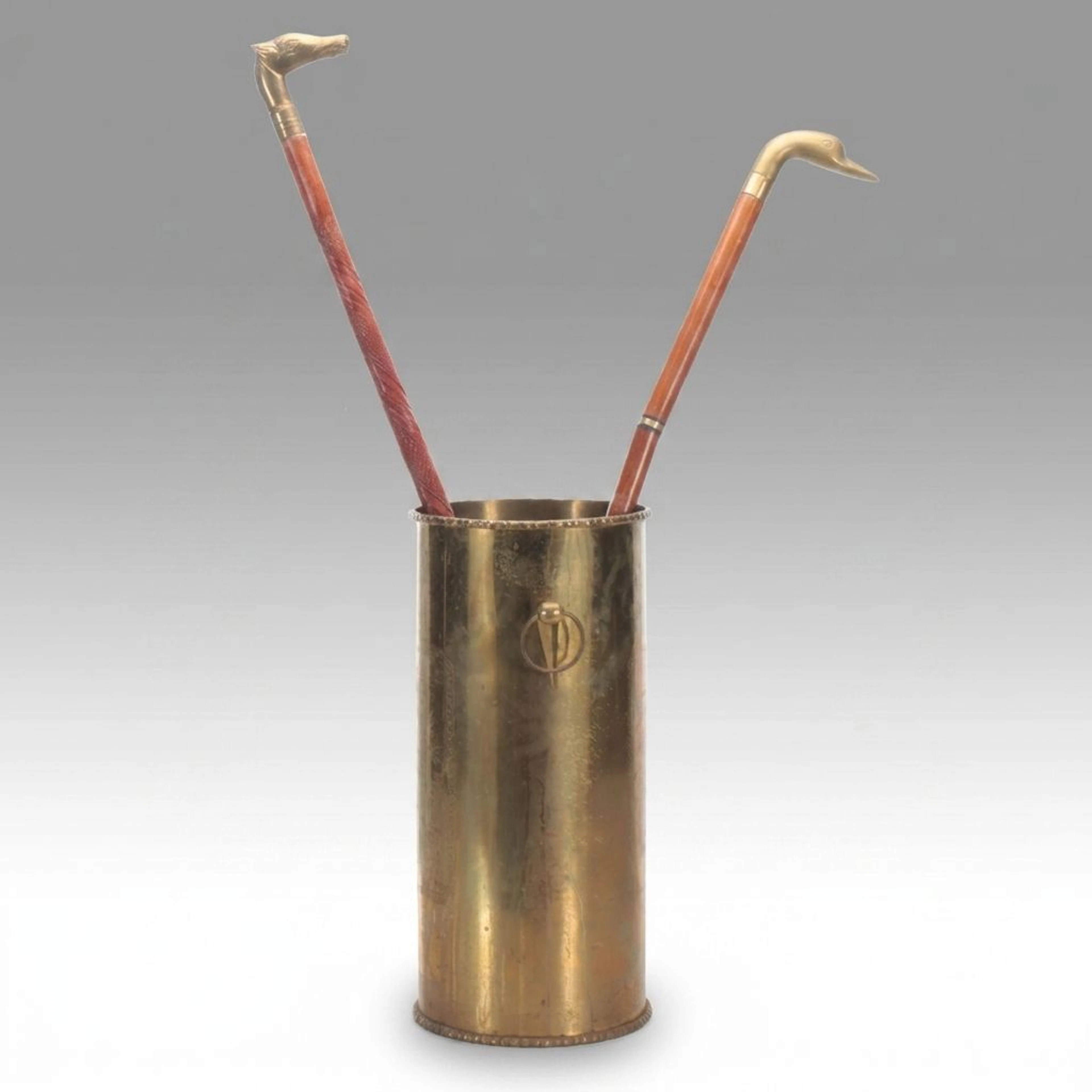 Bamboo and Crane Etched Brass Umbrella Stand with Carved Wood Canes, Vintage
