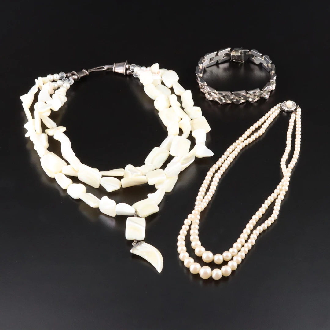 Mother-of-Pearl, Faux Pearl and Glass Necklaces and Sterling Link Bracelet