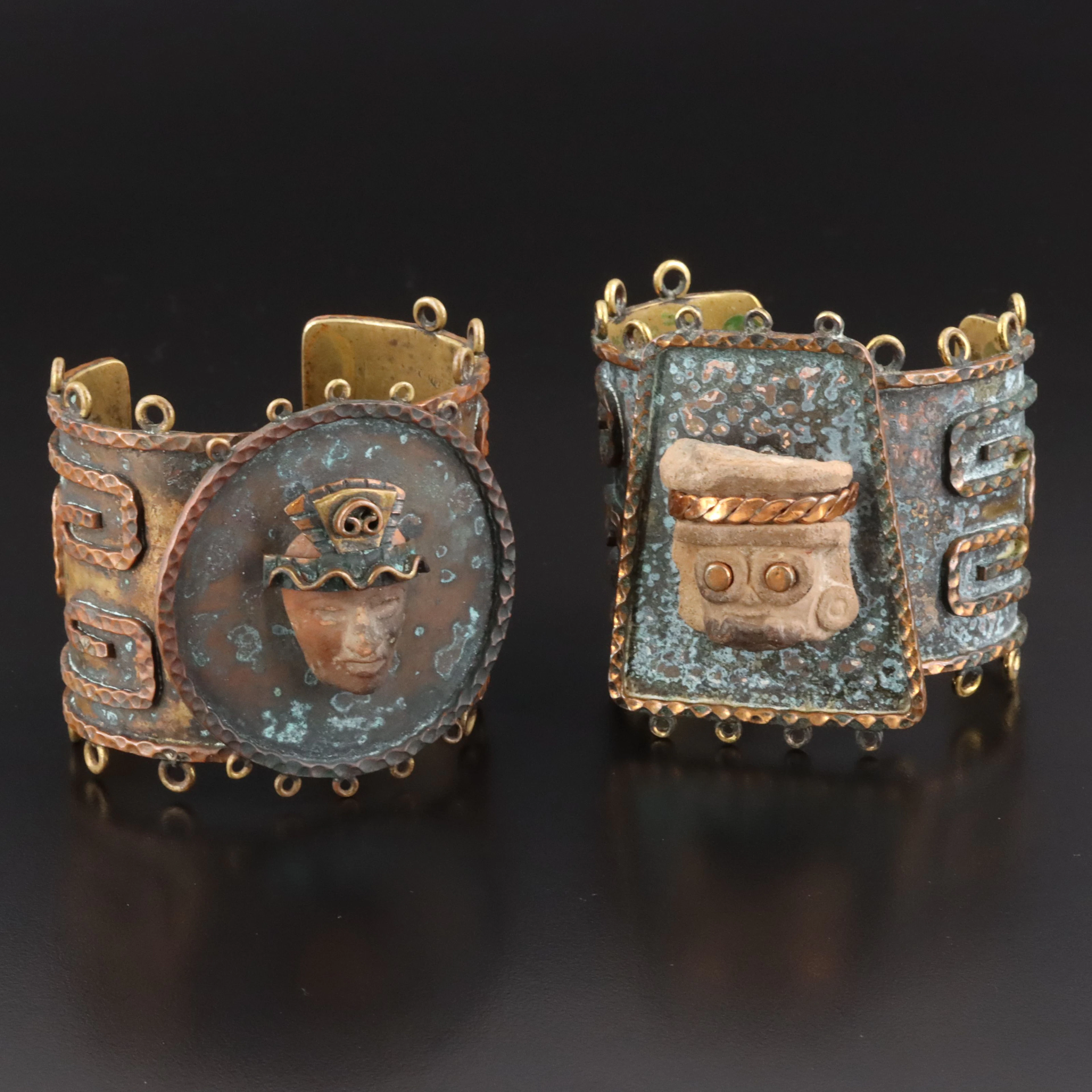 Annette Nancarrow Copper & Brass Ceramic Pre-Columbian Themed Cuff Bracelets