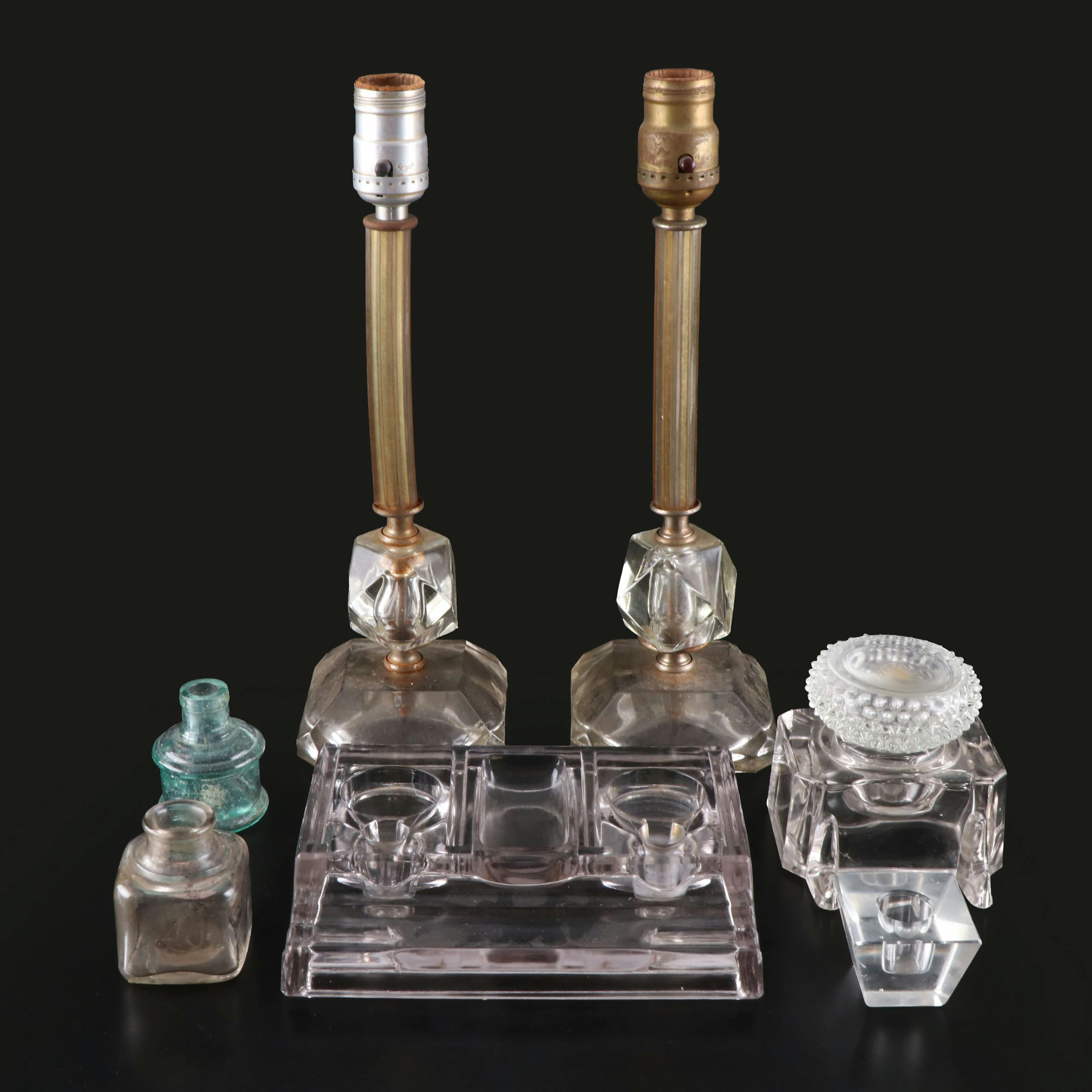 Glass Inkwells with Pair of Candlestick Lamps and Other Décor