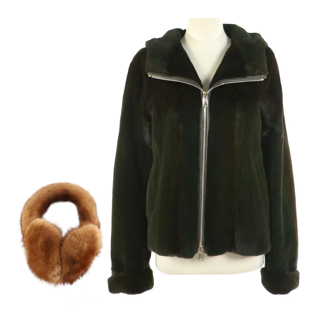 Saga Furs Dyed Sheared Mink Fur Hooded Zip Jacket and Mink Fur Ear Muff Warmers