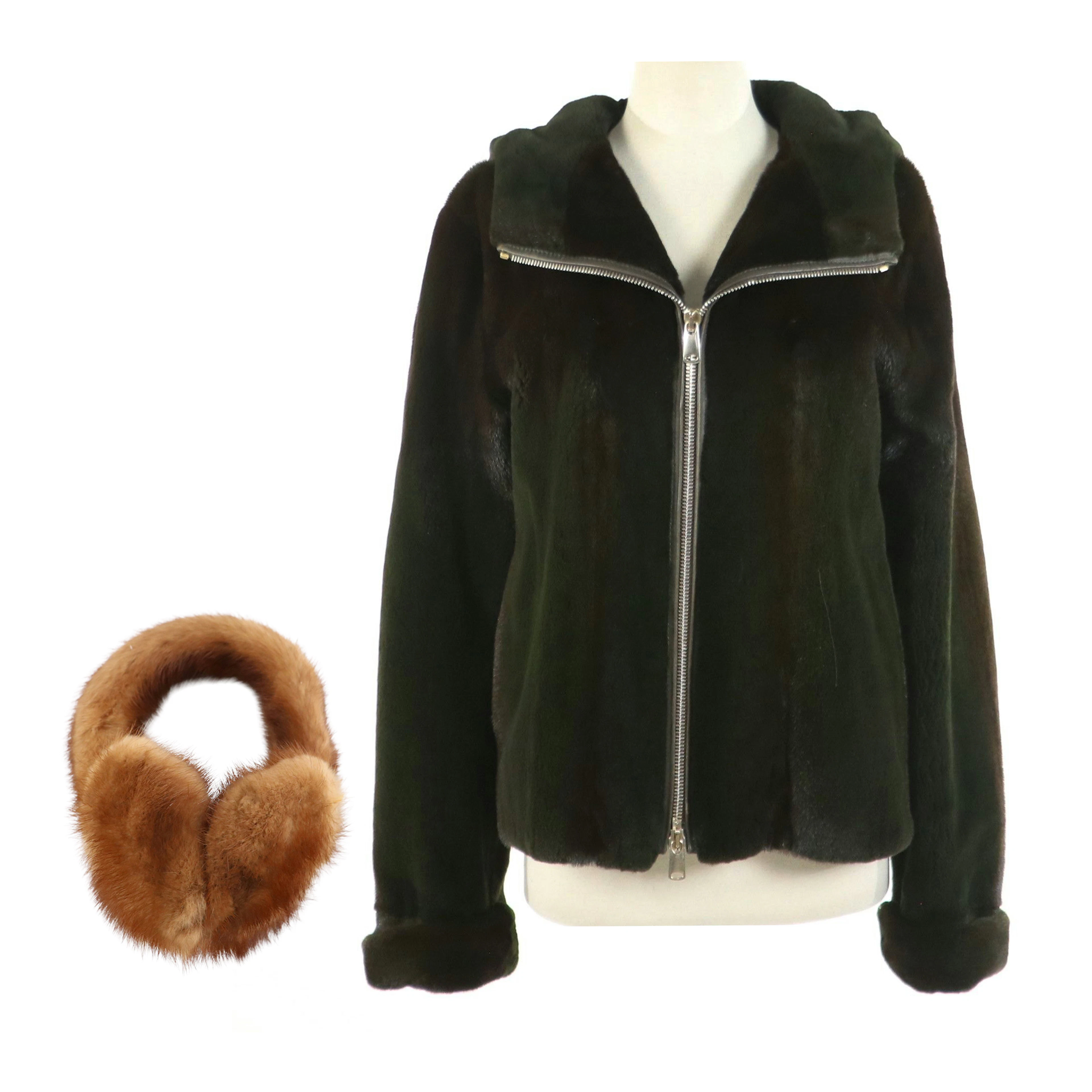 Saga Furs Dyed Sheared Mink Fur Hooded Zip Jacket and Mink Fur Ear Muff Warmers