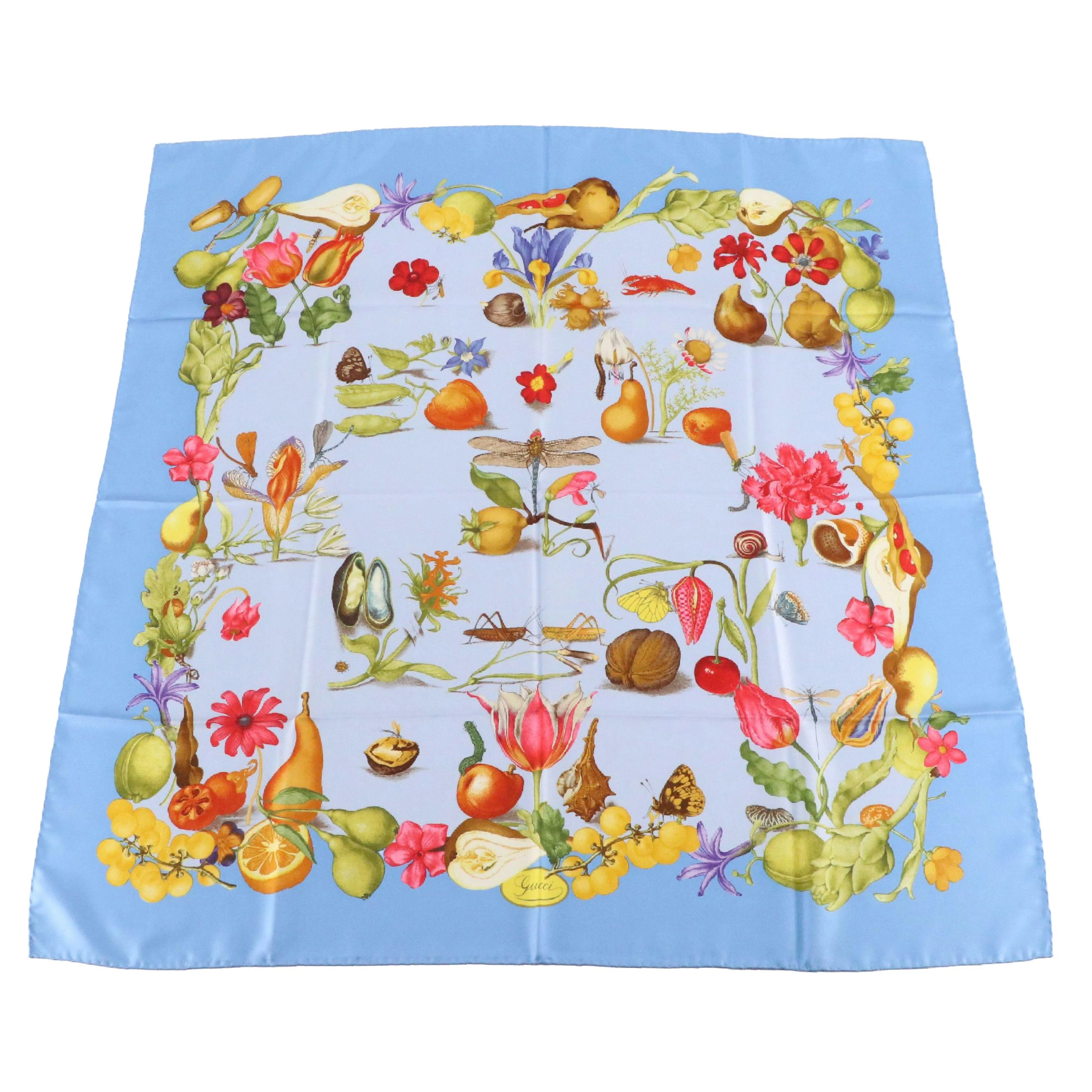 Gucci Floral, Fruit and Insect Printed Blue Silk Scarf