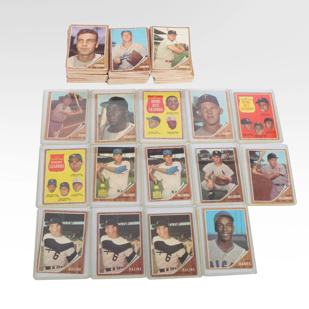 1962 Topps Baseball Cards with Ernie Banks, Al Kaline, and Harmon Killebrew