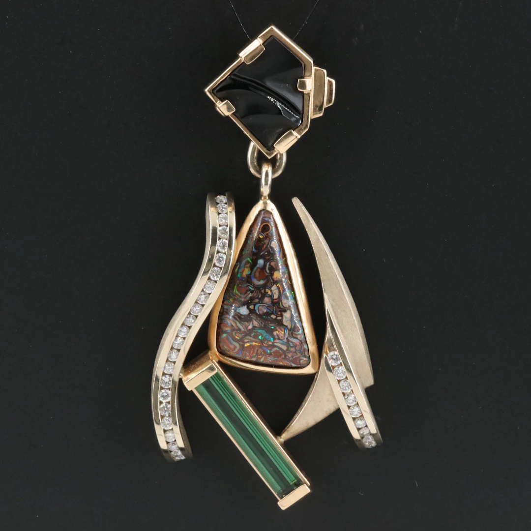 Modernist 14K Boulder Opal, Black Onyx, Tourmaline and Diamond Pendant