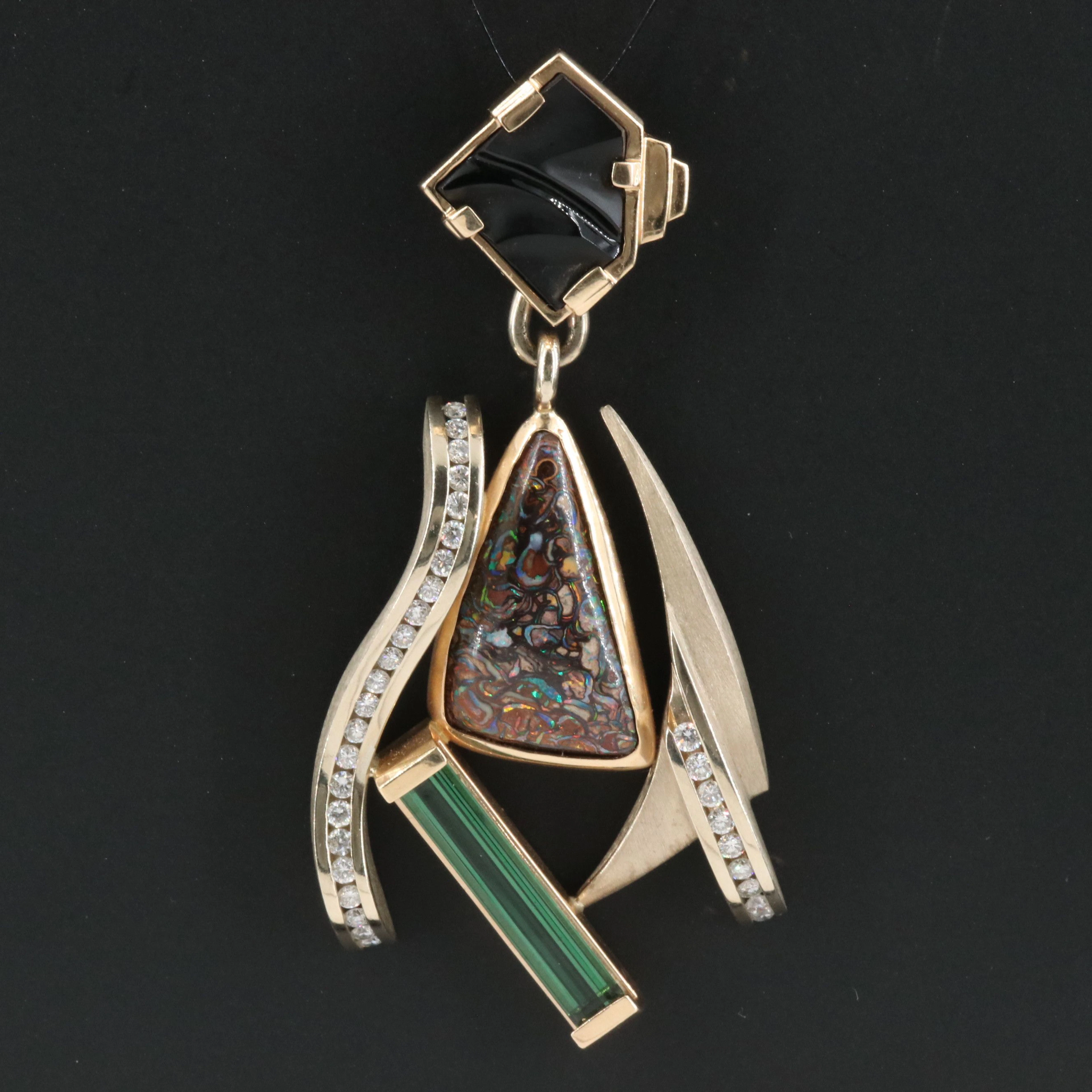 Modernist 14K Boulder Opal, Black Onyx, Tourmaline and Diamond Pendant