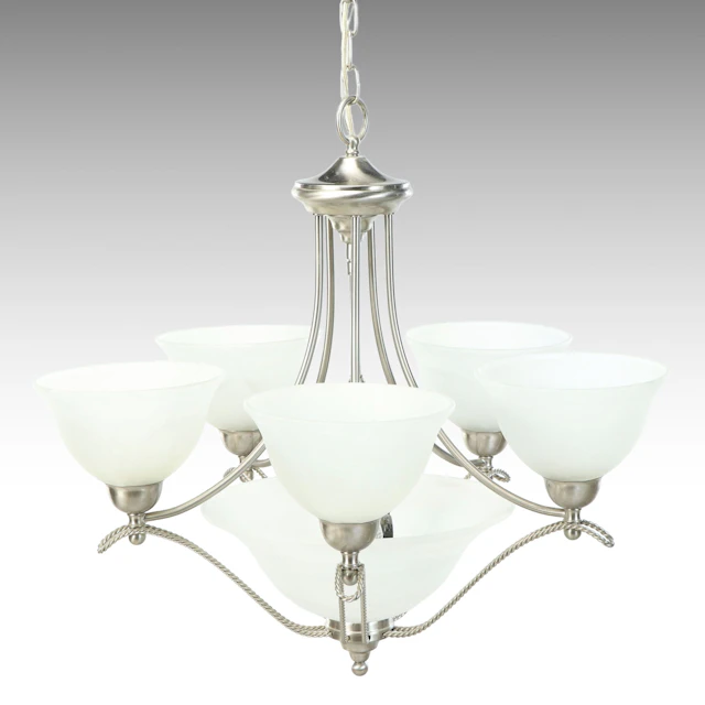 Brushed Nickel Finish Six-Arm Glass Chandelier