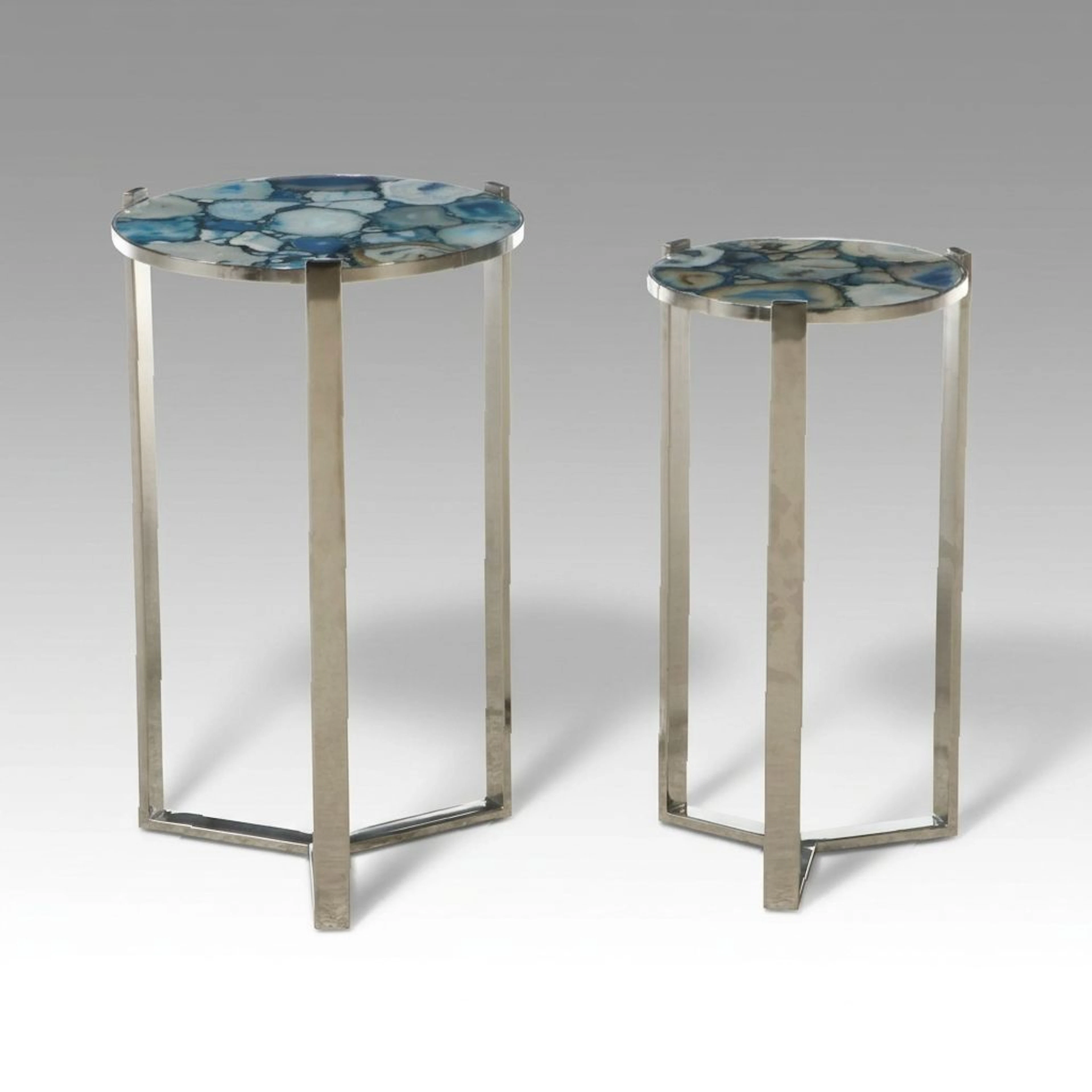 Contemporary Polished Stainless Steel Nesting Side Tables with Agate Slice Tops