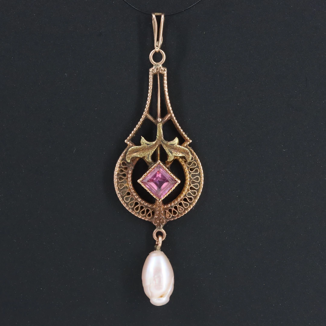 Antique 10K Tourmaline and Pearl Lavalier Pendant