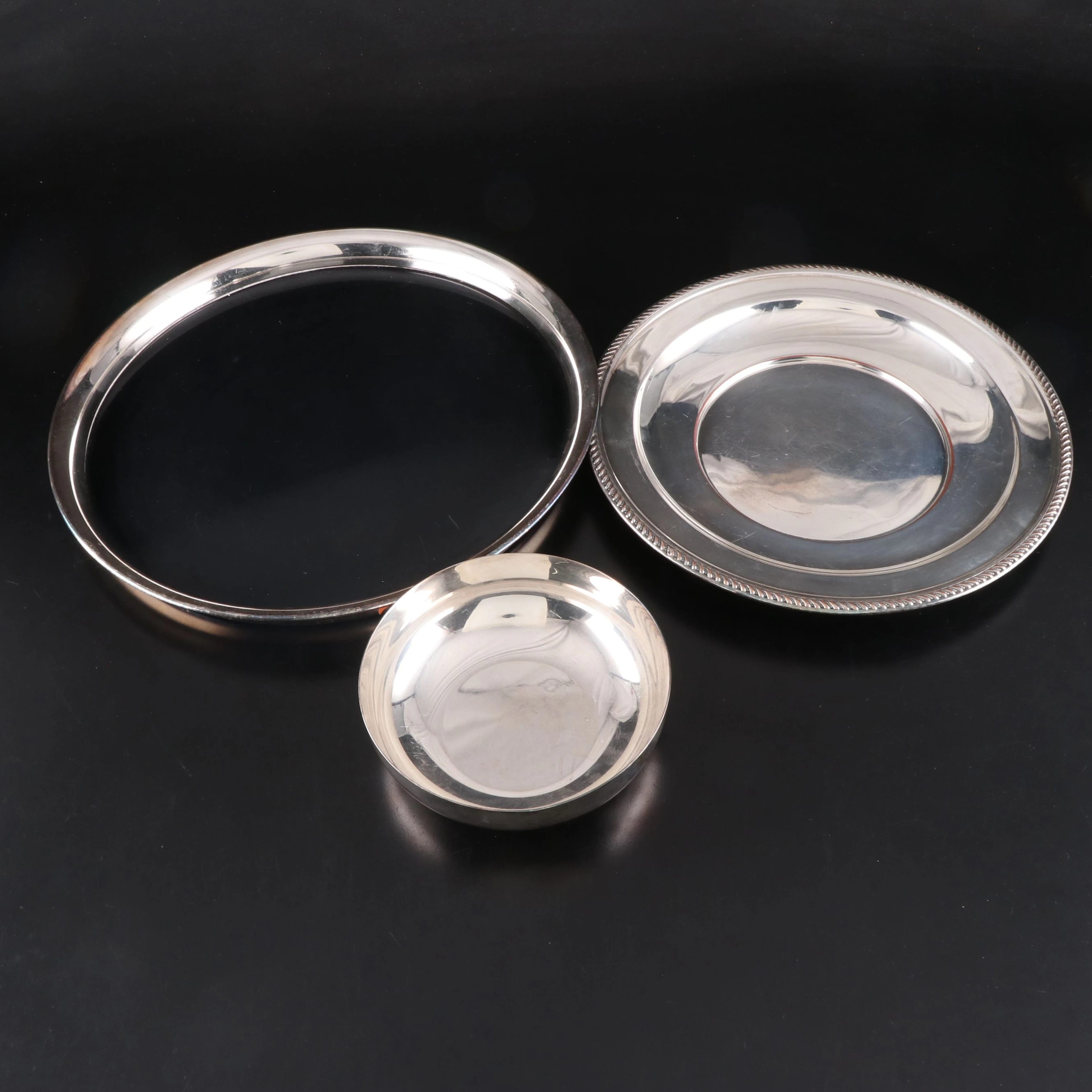 Christofle Silver Plate Bowl with Silver Plate Cocktail Tray and Round Platter