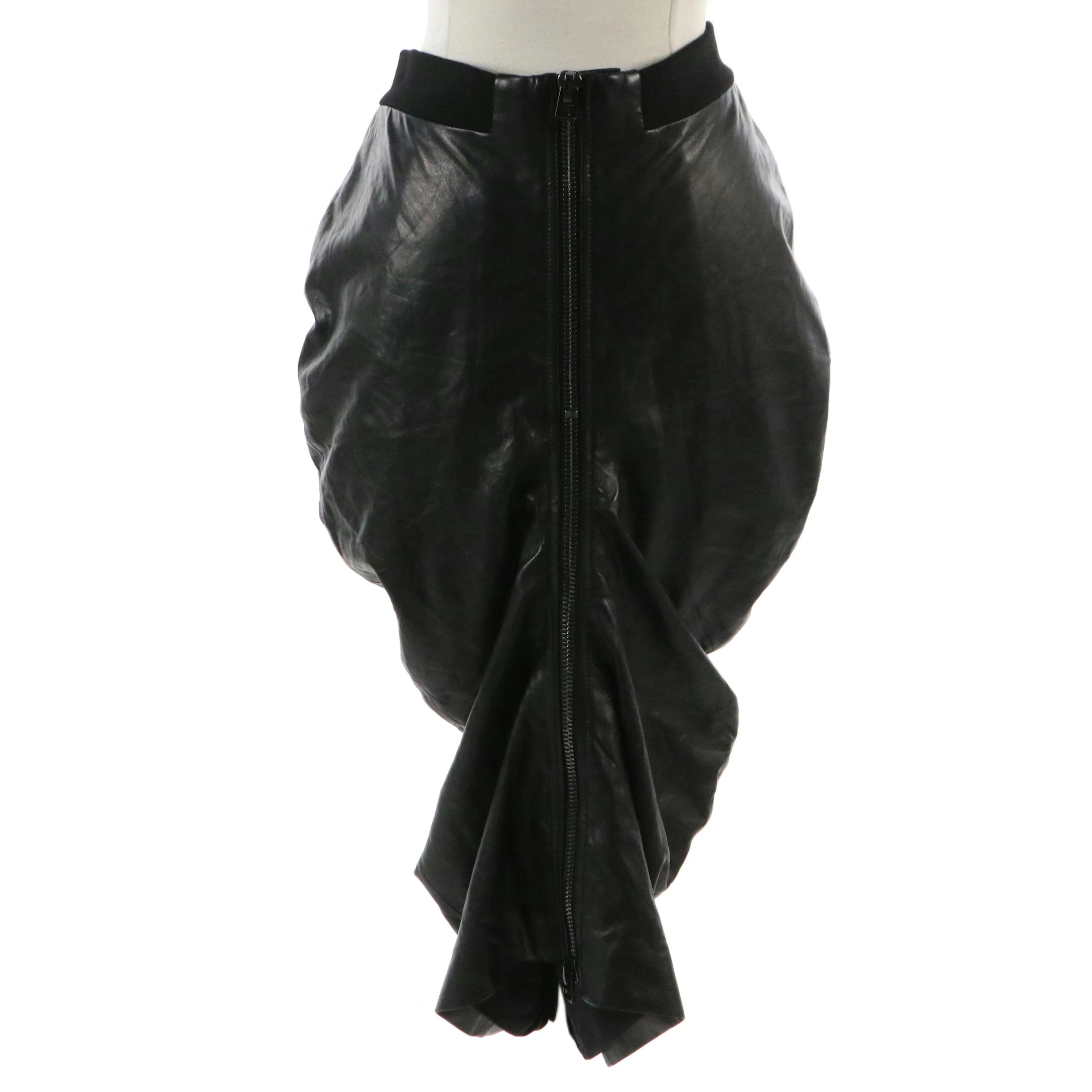 Tom Ford Zipper Front Ruched Knee-Length Pencil Skirt in Black Lambskin Leather