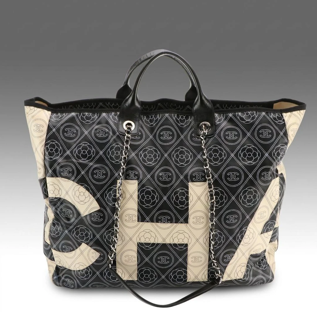 Chanel Camellia Two-Way Shopping Tote Bag in Beige and Black Coated Canvas