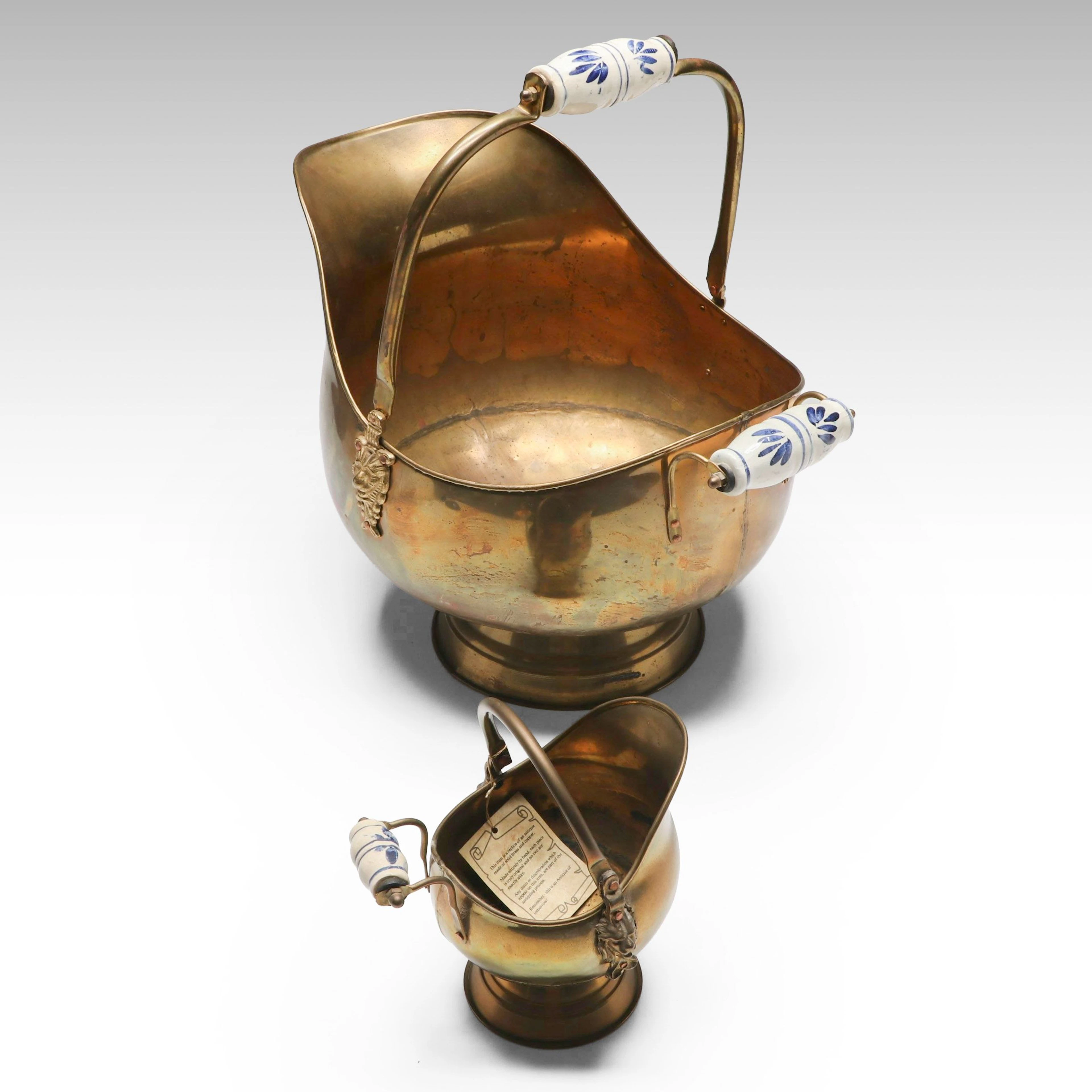 Victorian Style Brass Coal Scuttles with Floral Blue and White Handles