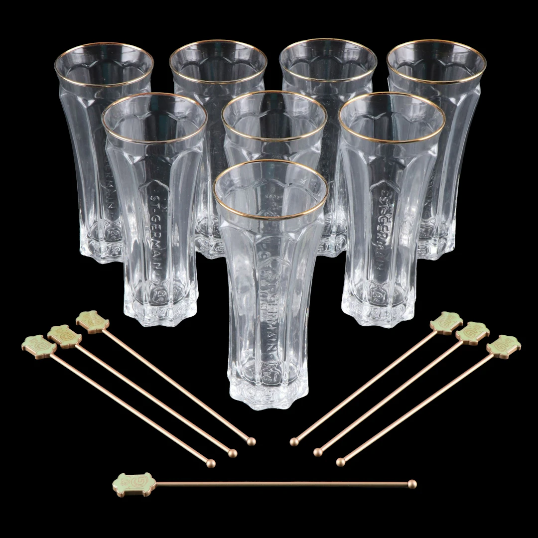 St. Germain Highball Glasses and Enameled Metal Stir Sticks