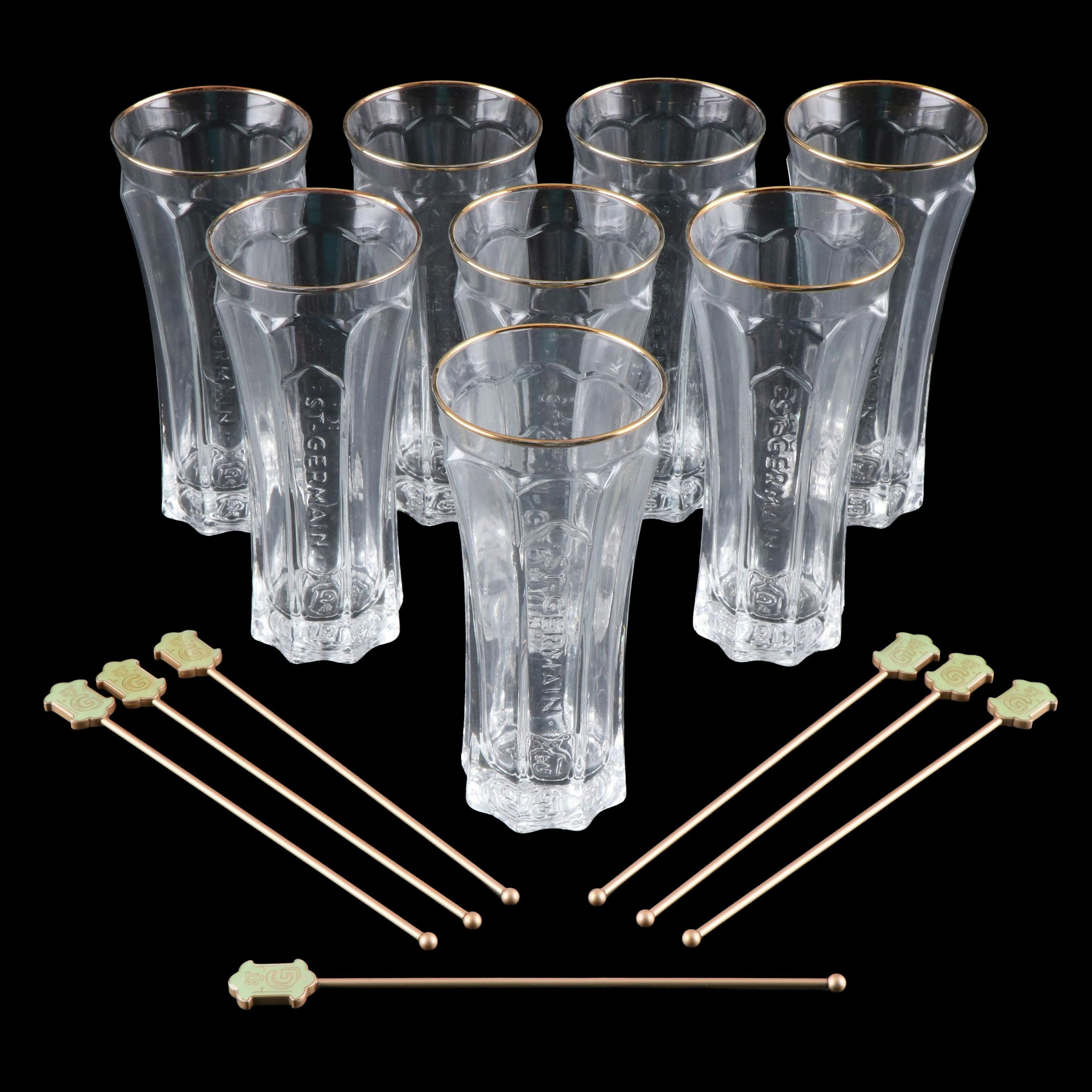 St. Germain Highball Glasses and Enameled Metal Stir Sticks