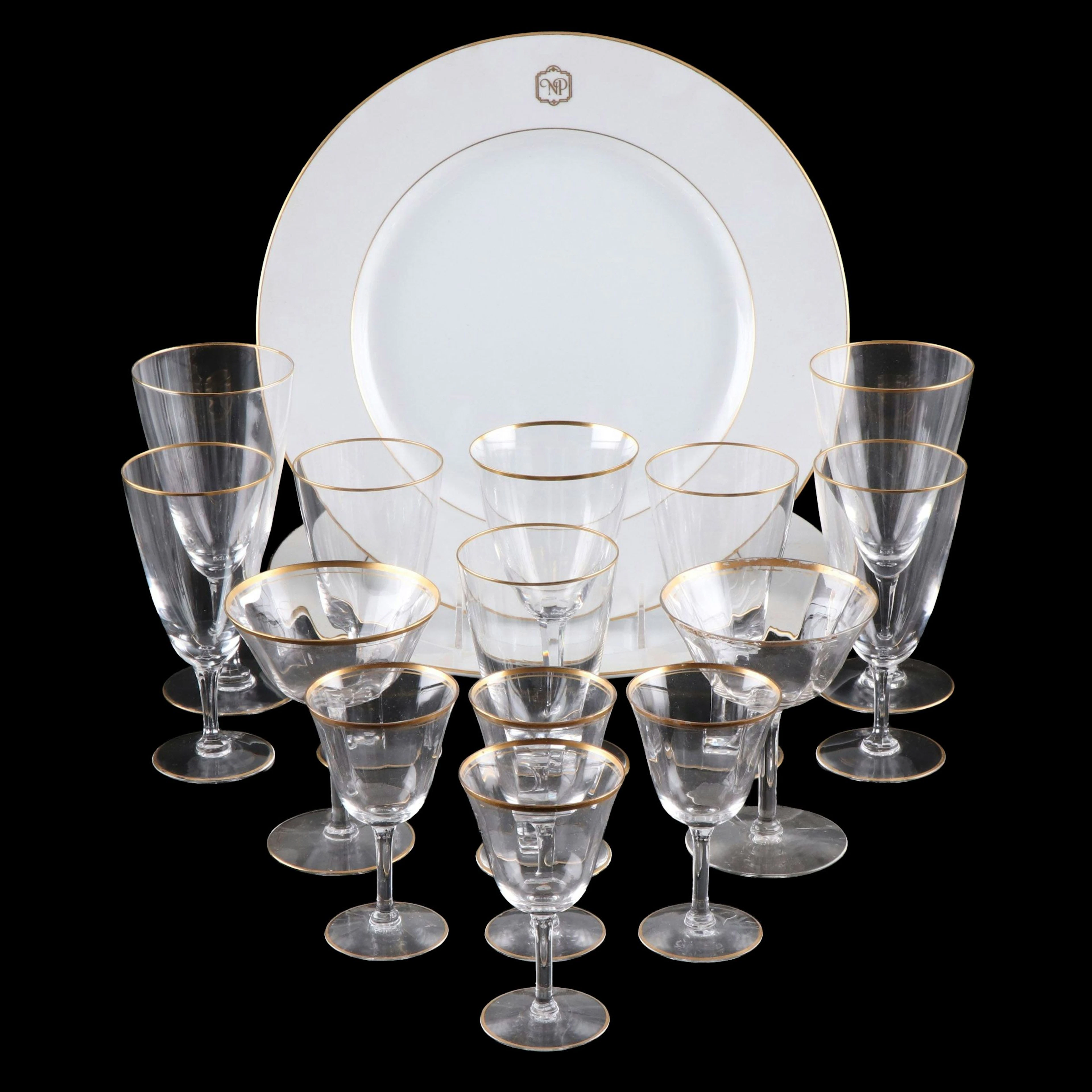 Baccarat "Directoire" Wine and Other Glasses with Netherland Plaza Hotel Plates