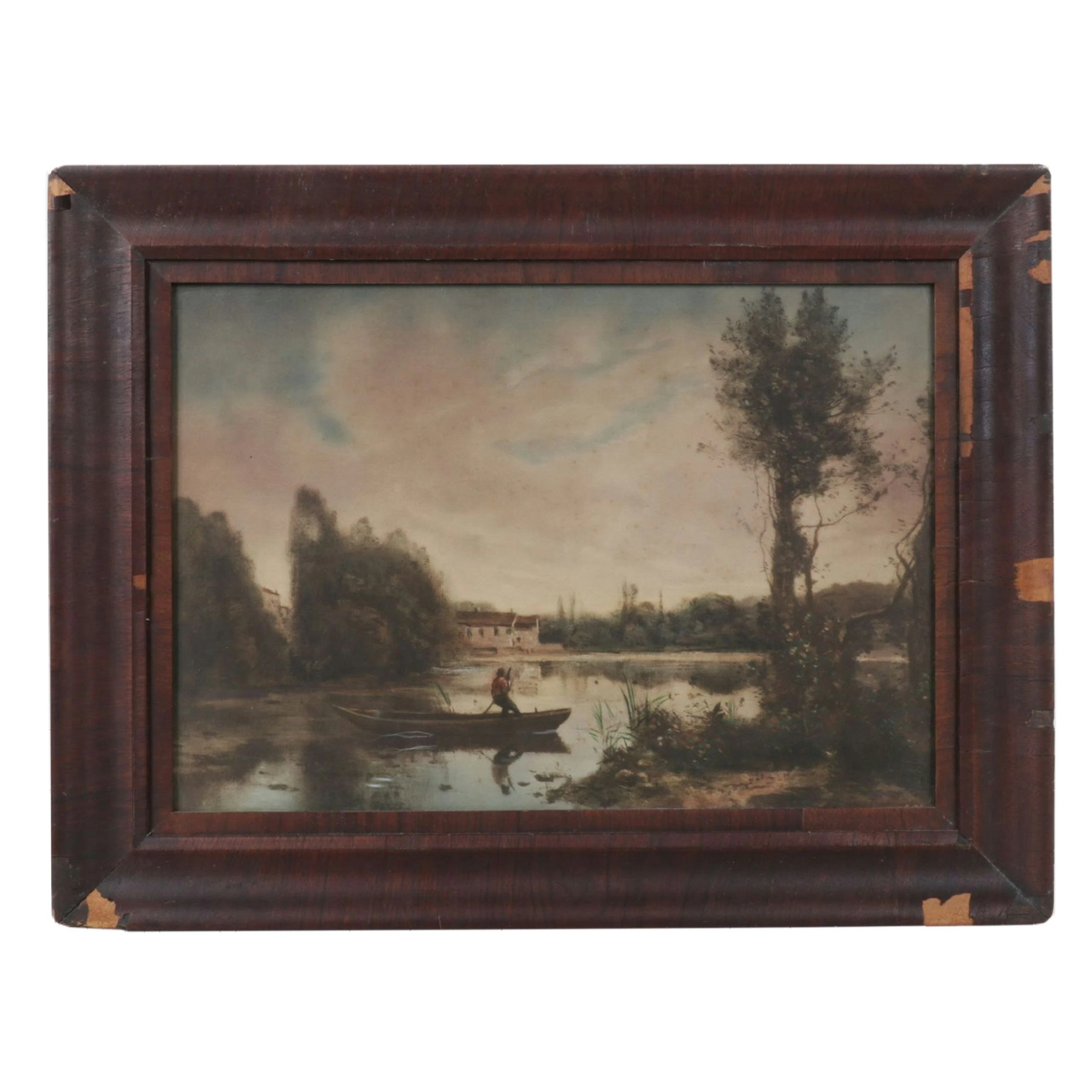 Lithograph Print After Jean-Baptist Camille Corot "Boatman on the Pond"