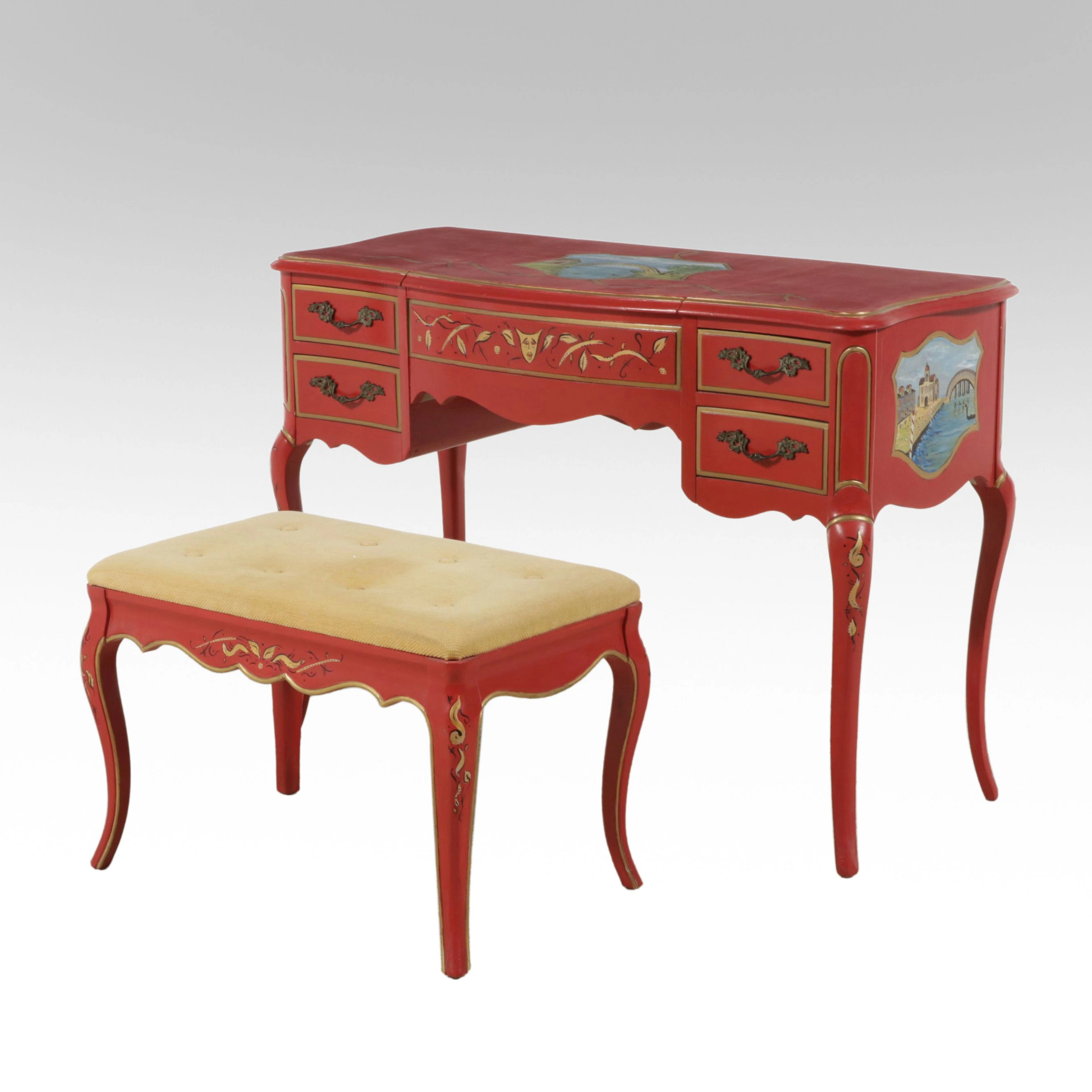 French Provincial Style Paint-Decorated Wood Vanity Table and Stool