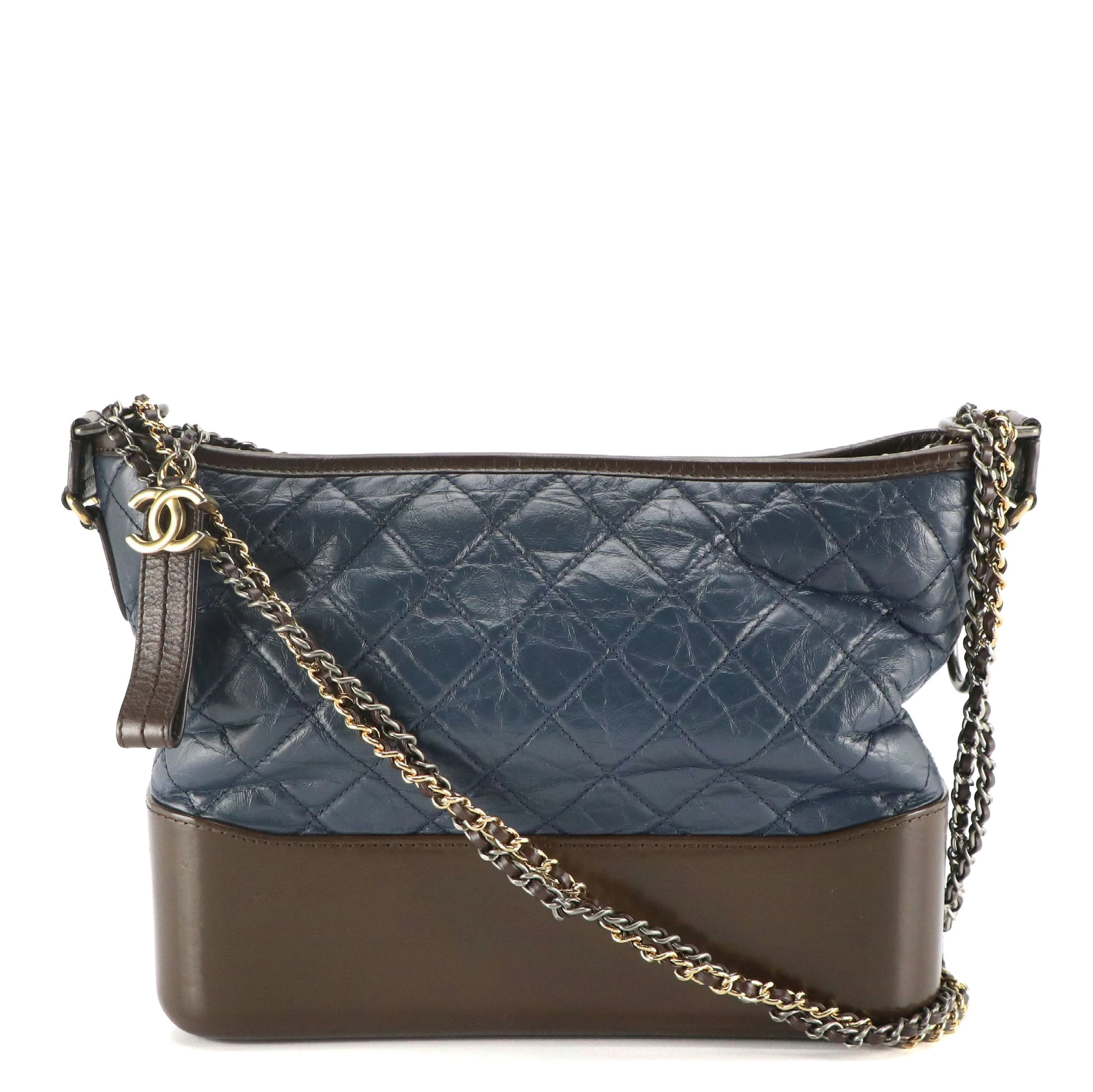 Chanel Gabrielle Diamond-Stitched Chain Strap Hobo Bag in Blue & Brown Leather