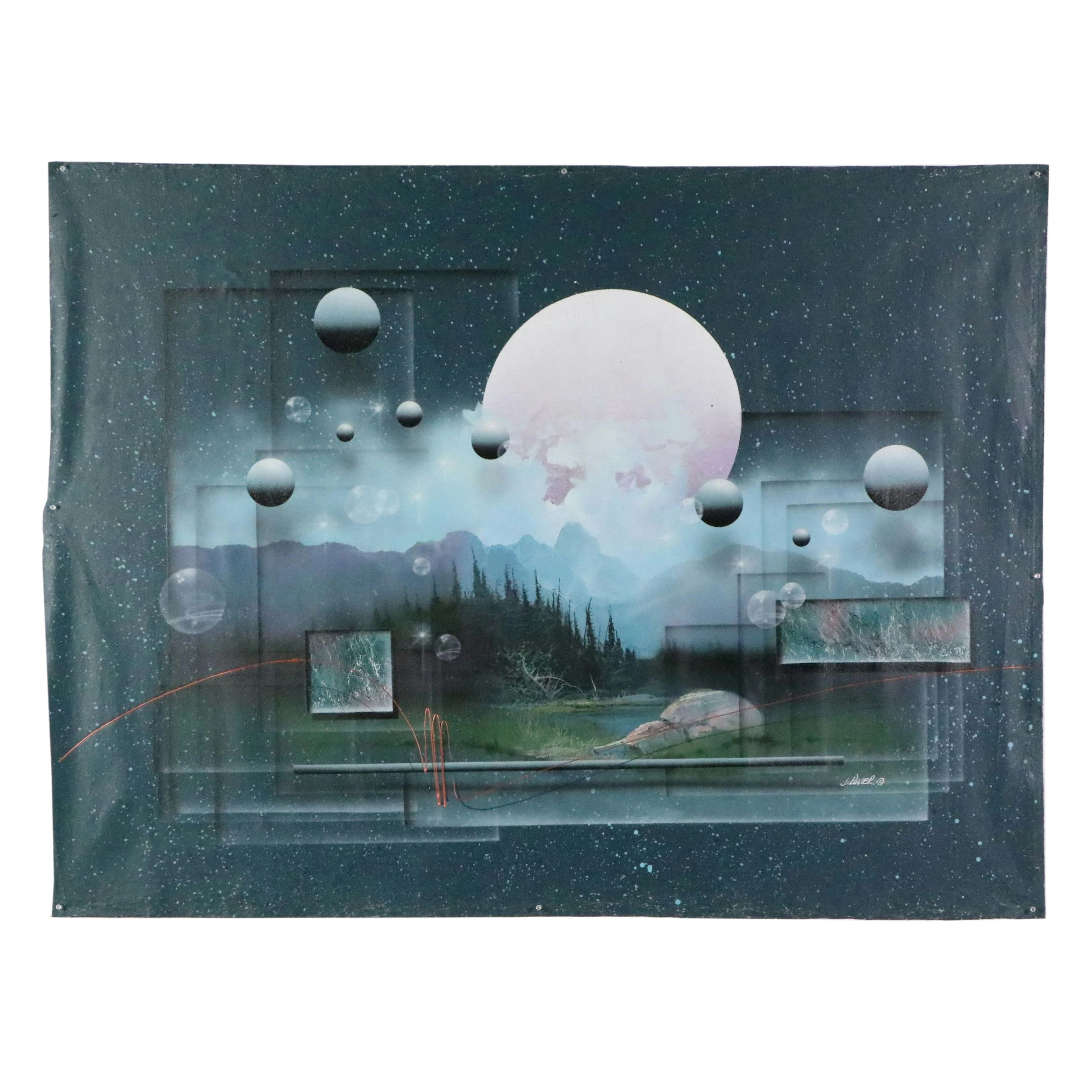 Josef Kugler Surreal Cosmic Landscape Oil and Acrylic Painting, 1980s