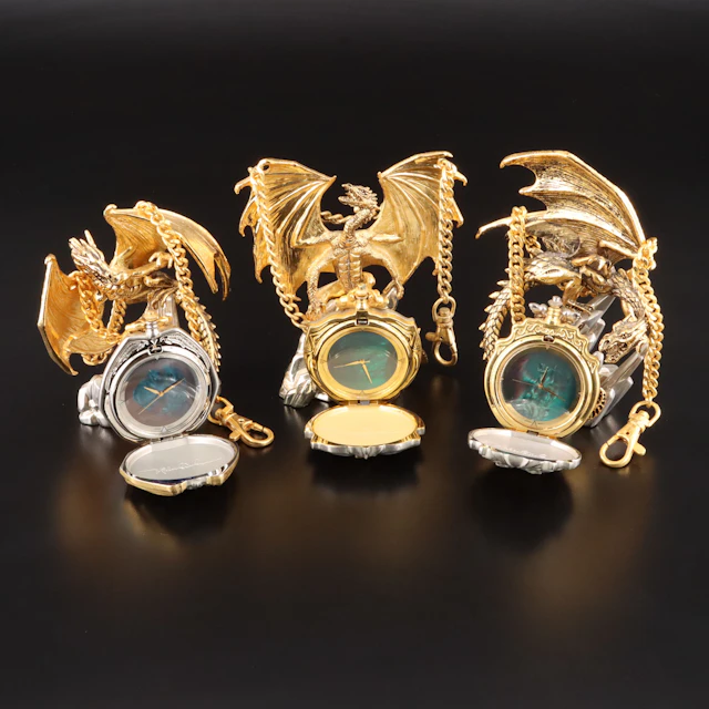 Eye of The Dragon and Dark Dimension Quartz Pocket Watches and Figurine/Stands