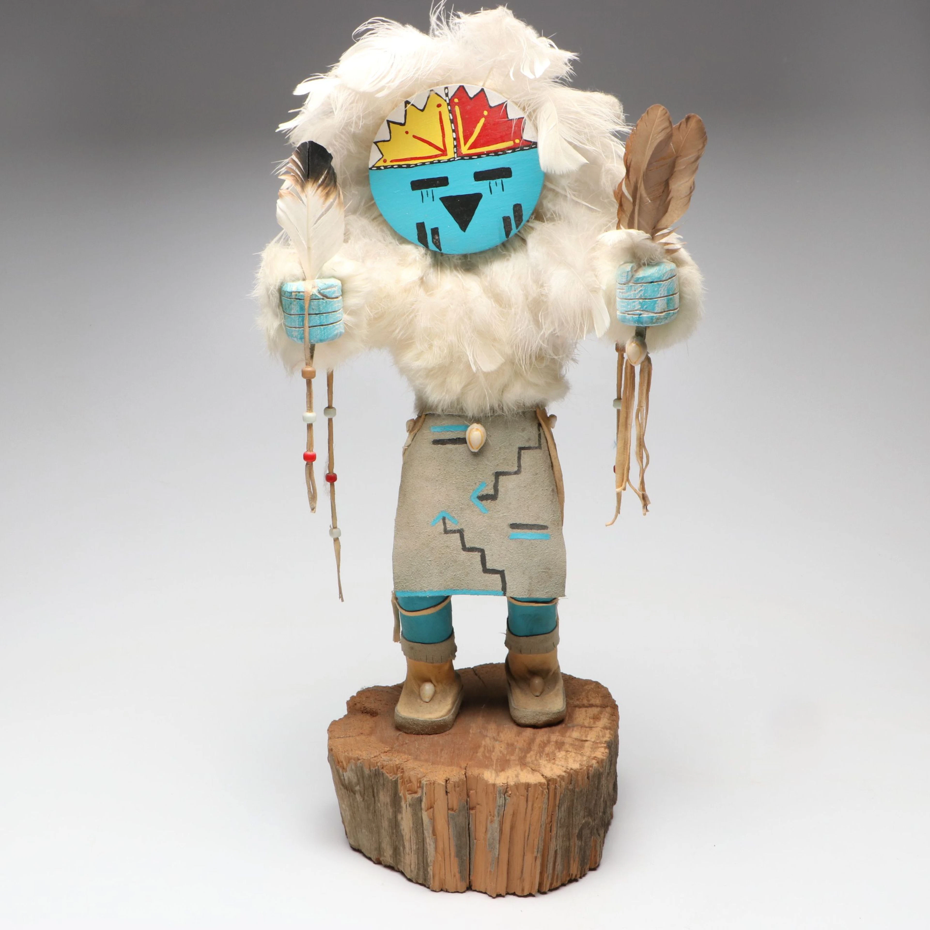 F. Peralto "Sunface" Tawa Cottonwood Kachina Doll with Rabbit Fur and Feathers
