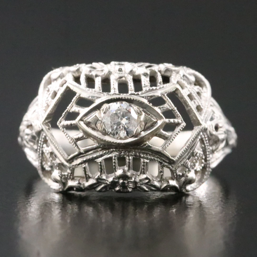 Art Deco 18K 0.10 CT Diamond Ring with Orange Blossom Detail