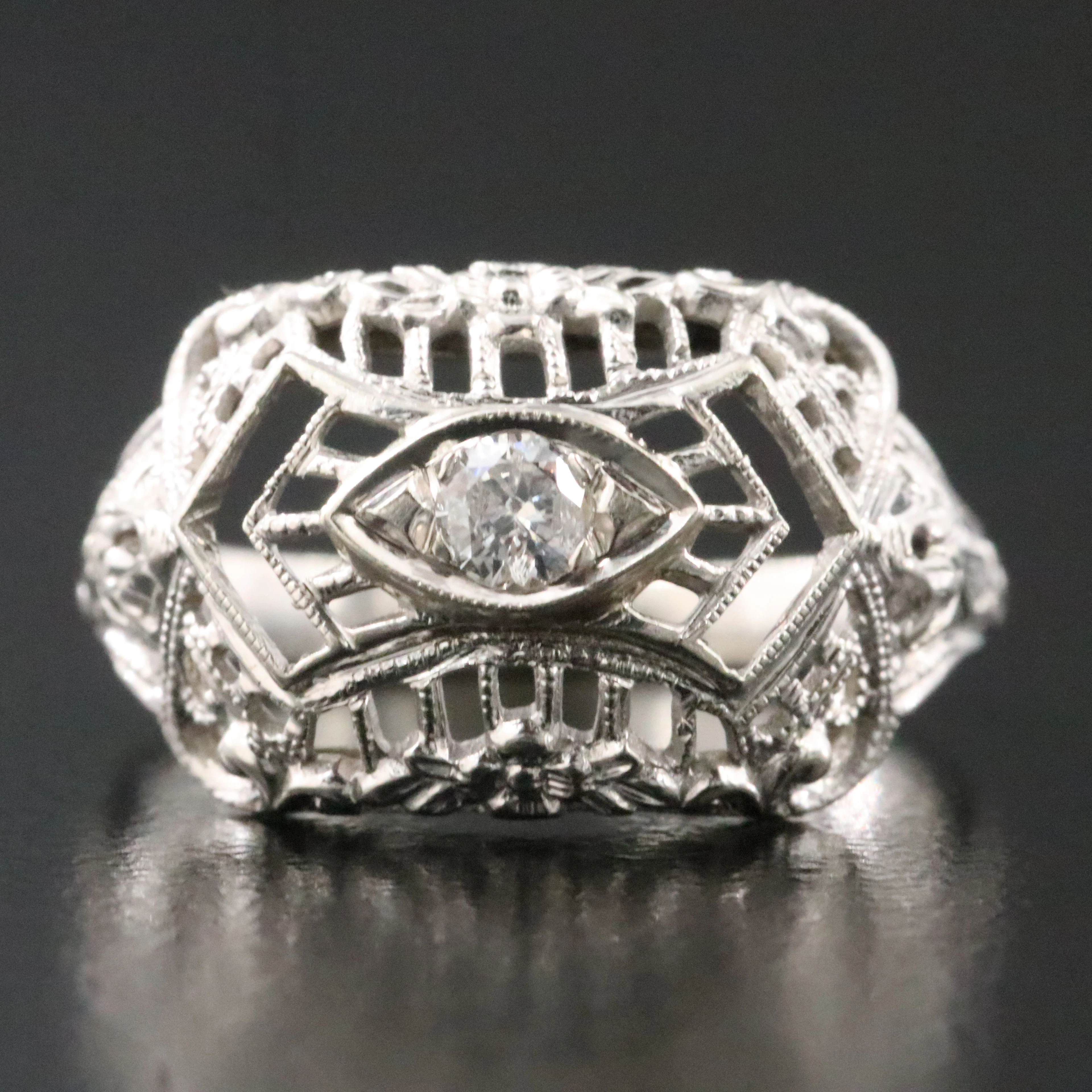 Art Deco 18K 0.10 CT Diamond Ring with Orange Blossom Detail