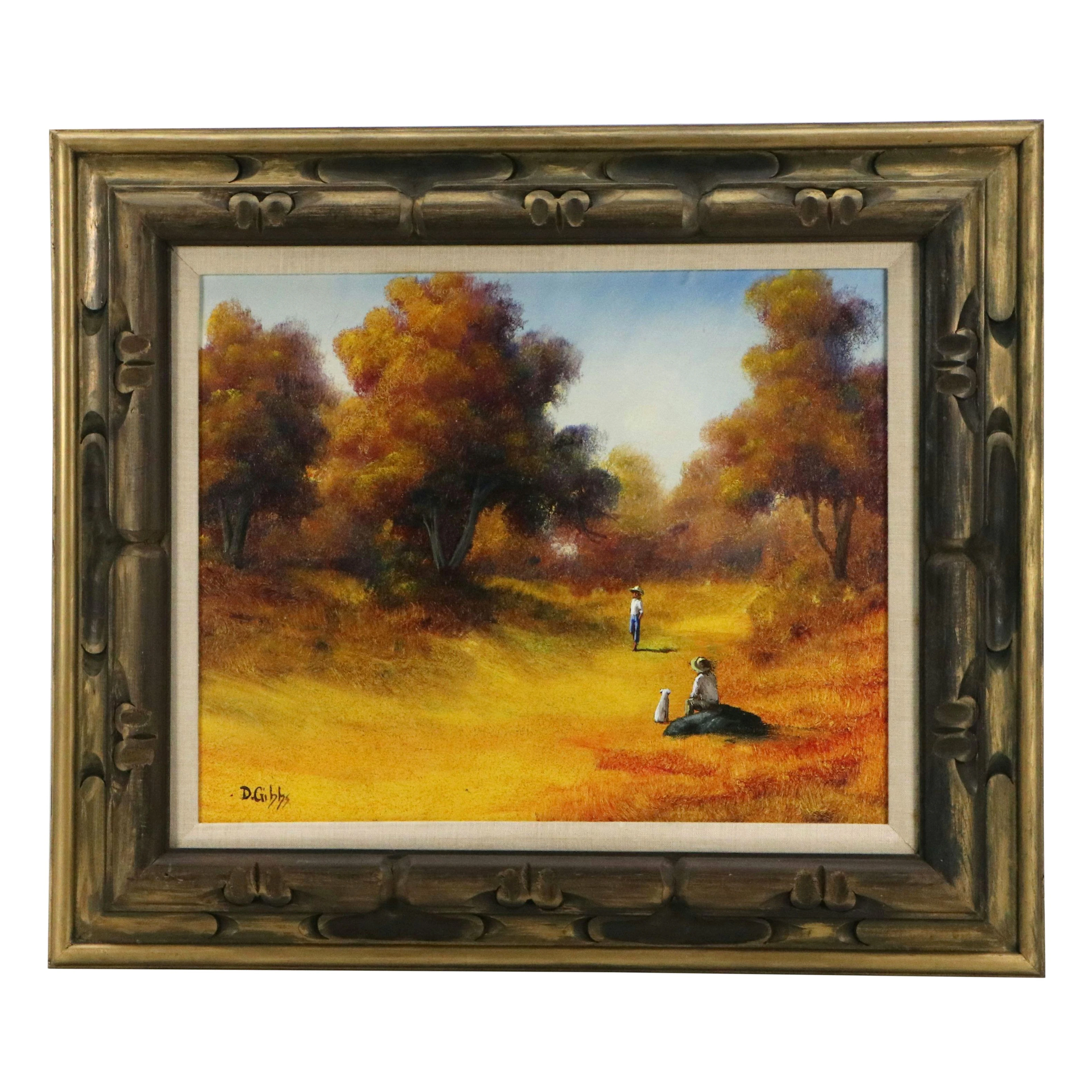 Donald A. Gibbs Oil Painting of Figures in Autumn Meadow, Circa Late 20th C.