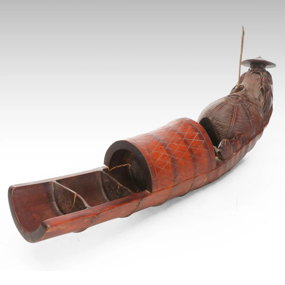 Chinese Carved Bamboo Fisherman in Boat, 20th Century