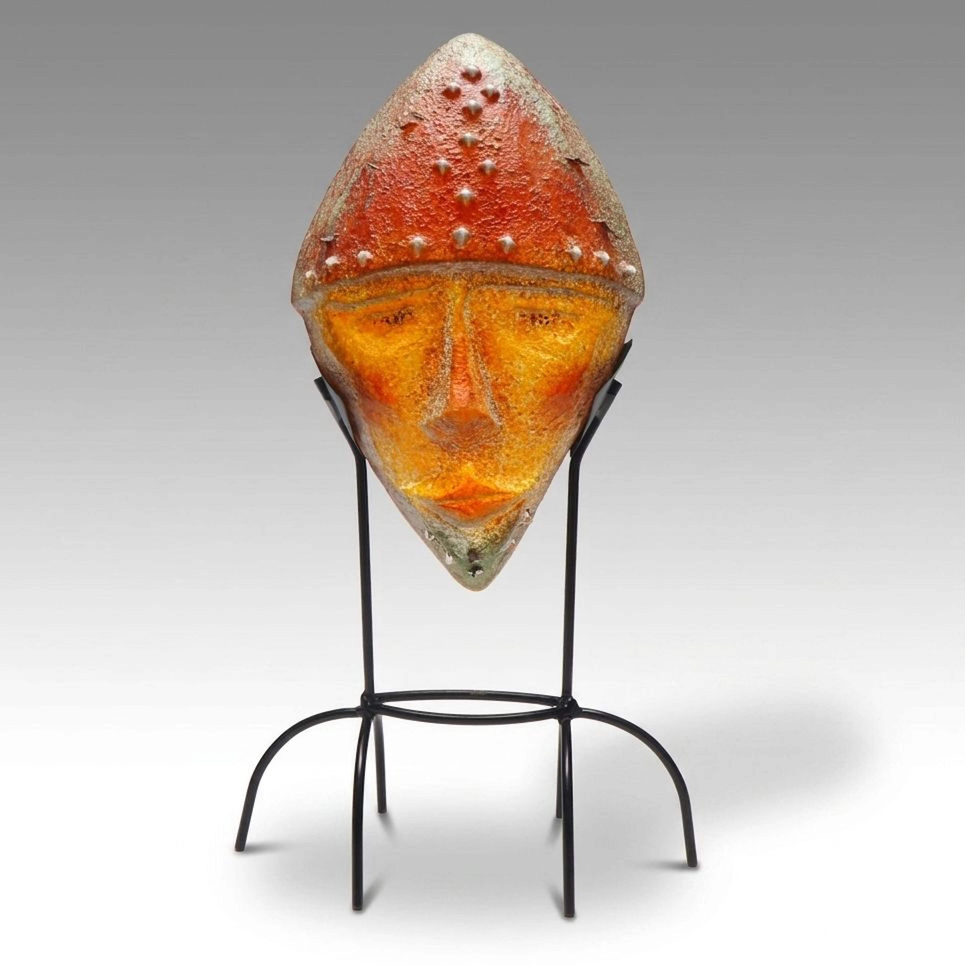 Diane Ferland Cassandre Studio Sand Cast Glass Mask Sculpture on Metal Stand