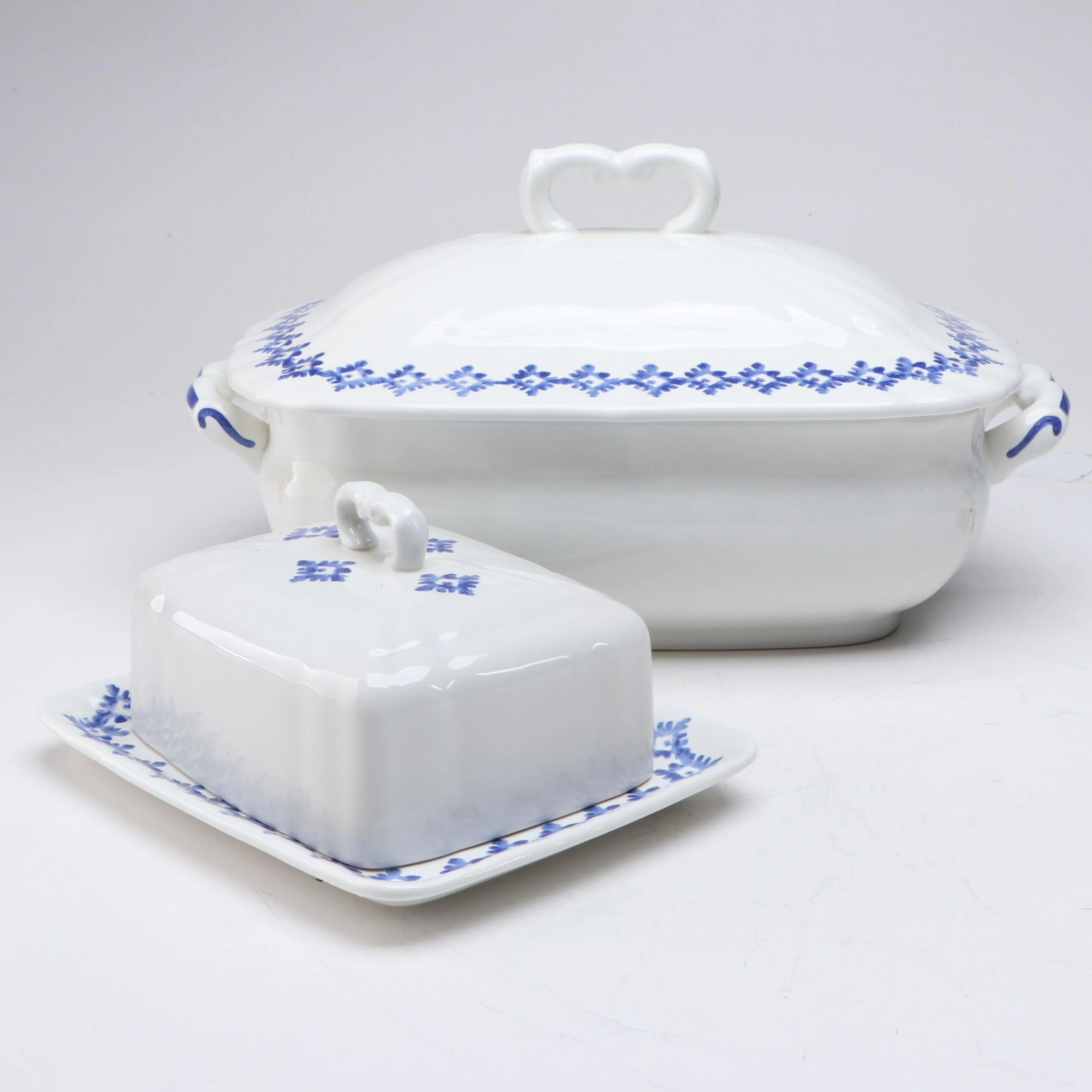 Ralph Lauren "Flynn" Blue and White Ceramic Covered Casserole and Butter Dish