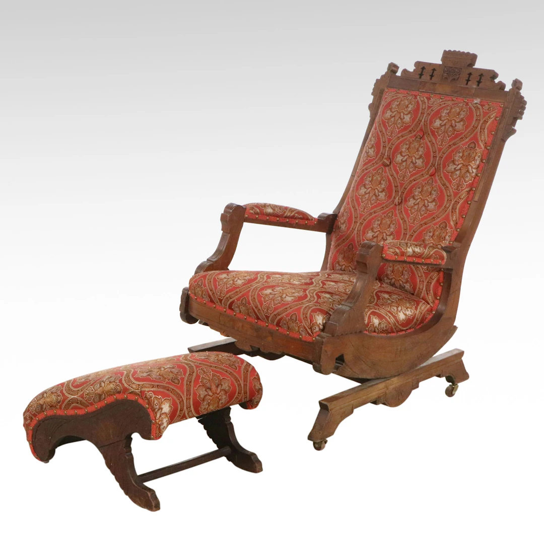 Eastlake Carved Walnut Platform Rocker with Footstool, Mid to Late 19th Century