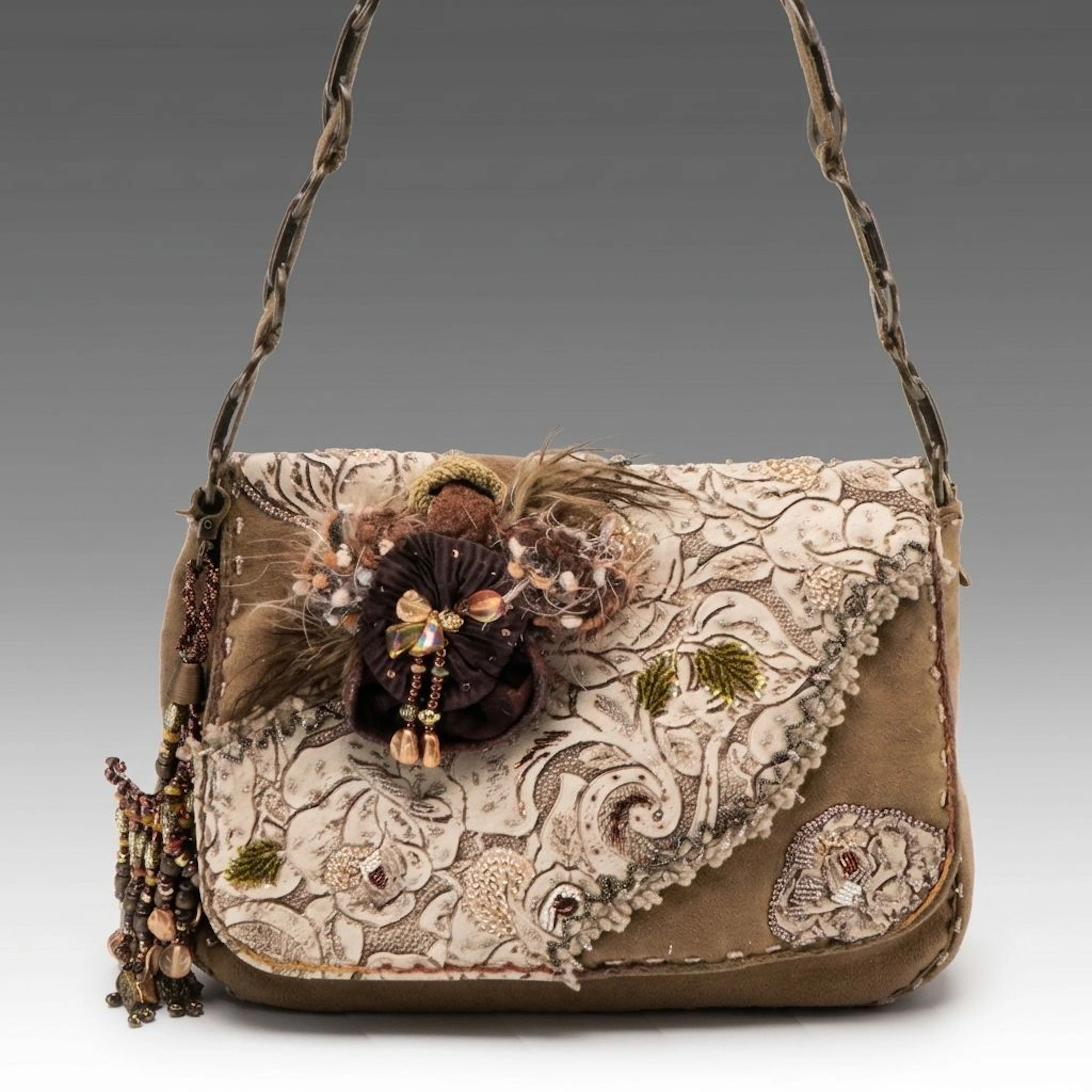 Mary Frances Decorative Floral Embellished Full Flap Shoulder Bag in Suede