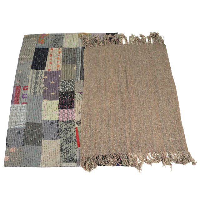 Indian Kantha Embellished Quilt with Fringed Throw Blanket