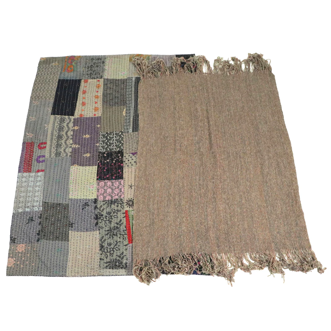 Indian Kantha Embellished Quilt with Fringed Throw Blanket