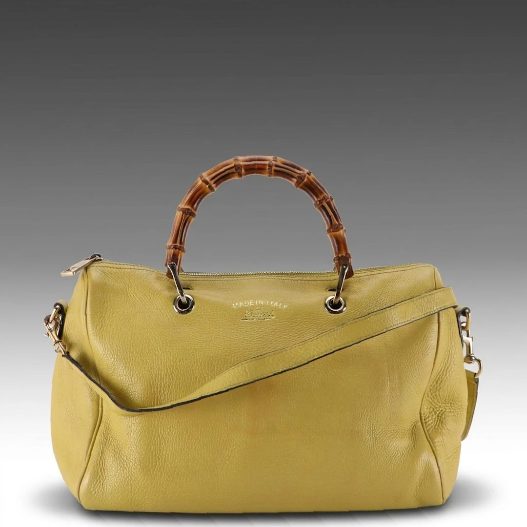 Gucci Bamboo Handle Boston Shopper Two-Way Bag in Yellow Grained Calfskin