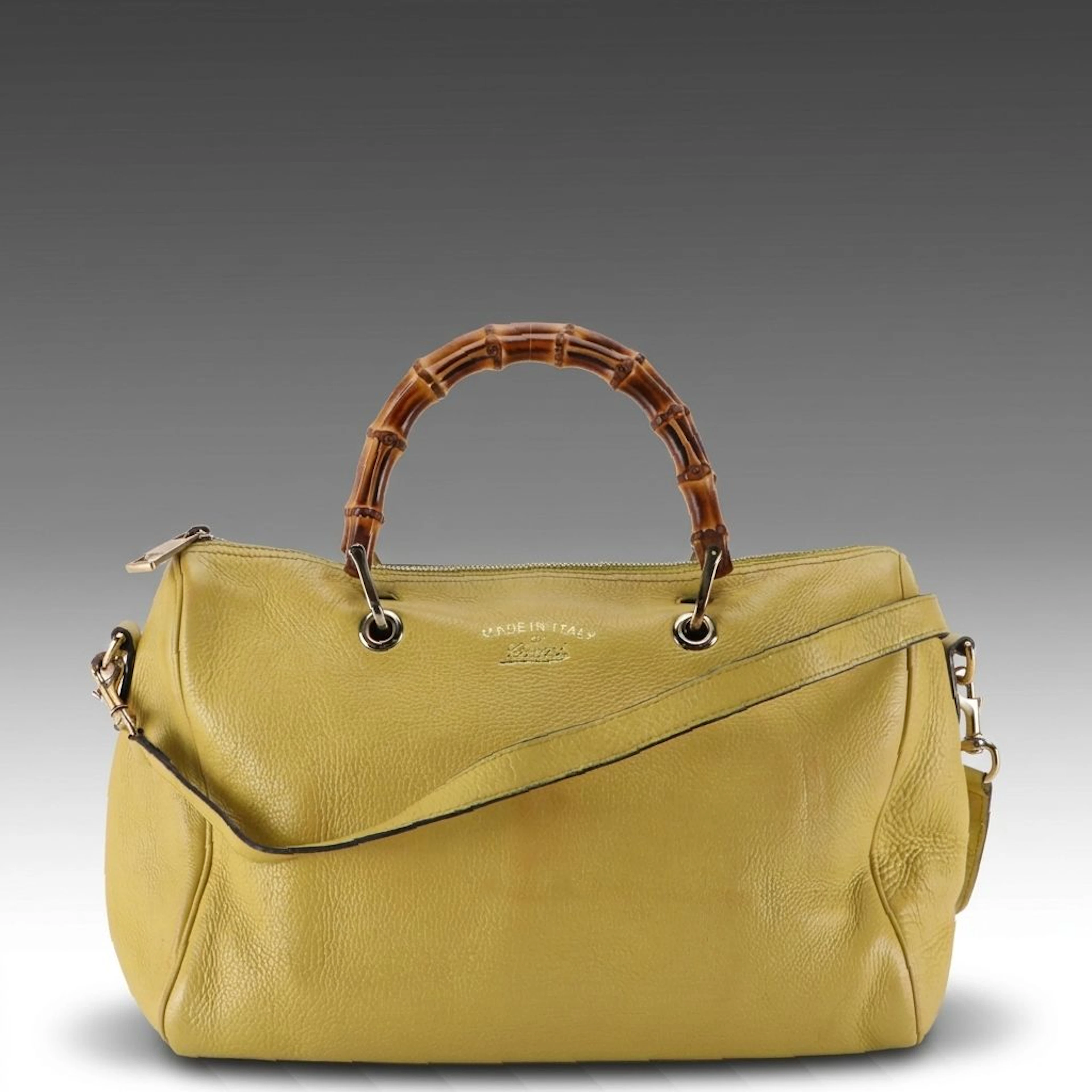 Gucci Bamboo Handle Boston Shopper Two-Way Bag in Yellow Grained Calfskin