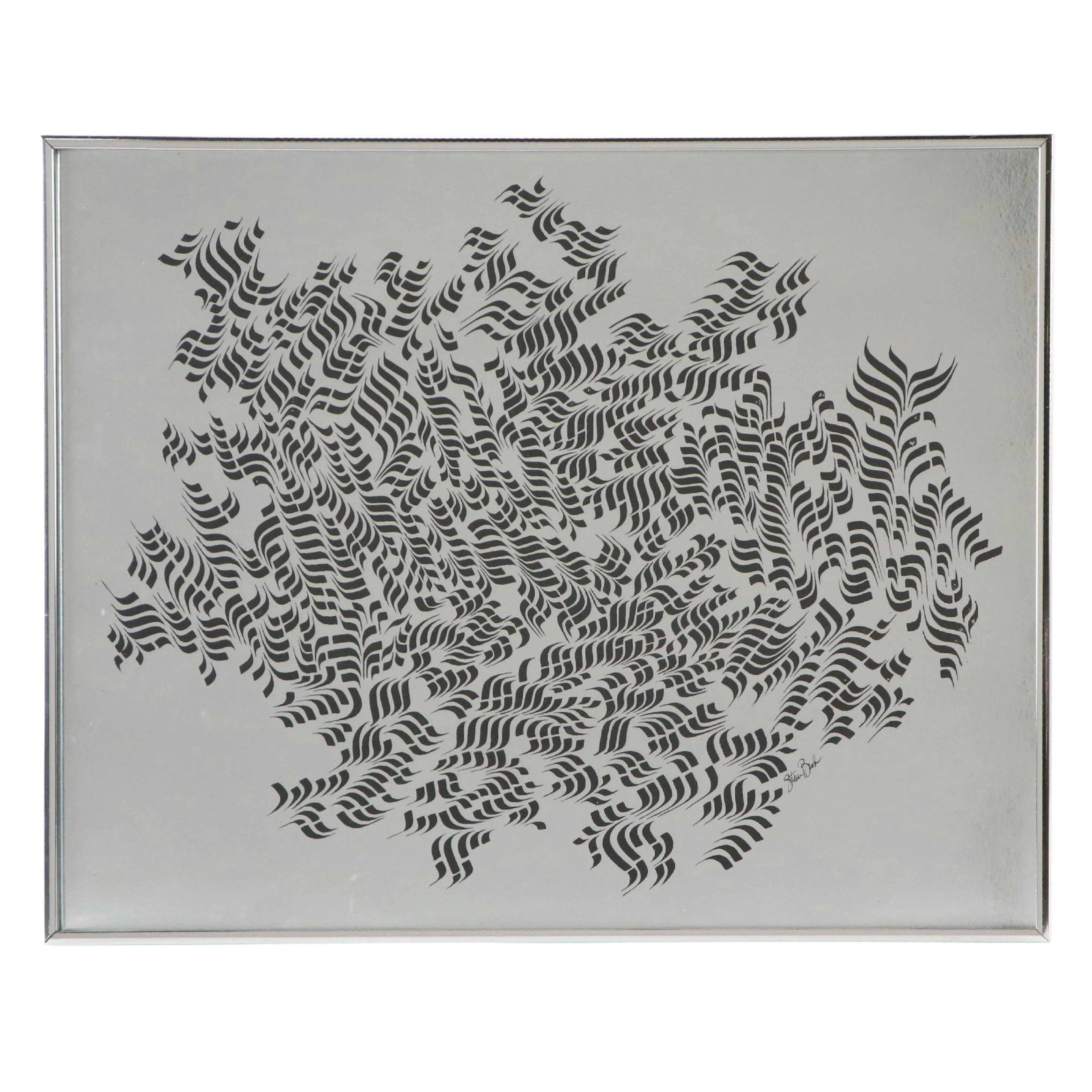 Stan Brod Abstract Ink Drawing on Foil Board "Silver Field"