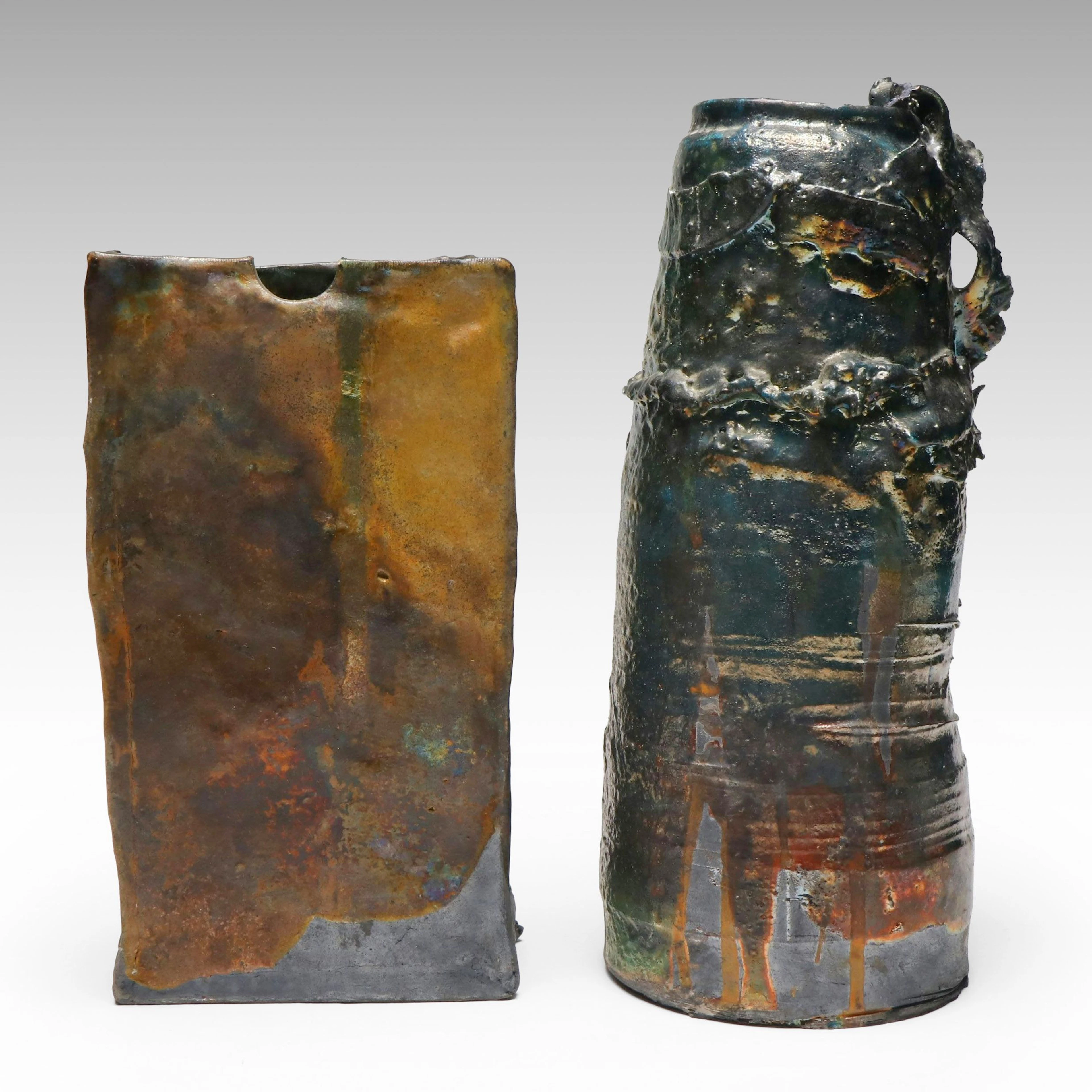 Brutalist Form Slab Built with Asymmetric Hand-Built Ceramic Vases