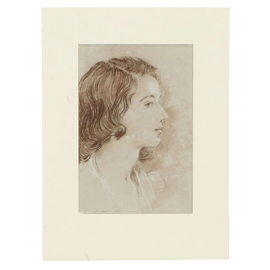 Profile Portrait Pastel Sketch of Young Woman, 1946