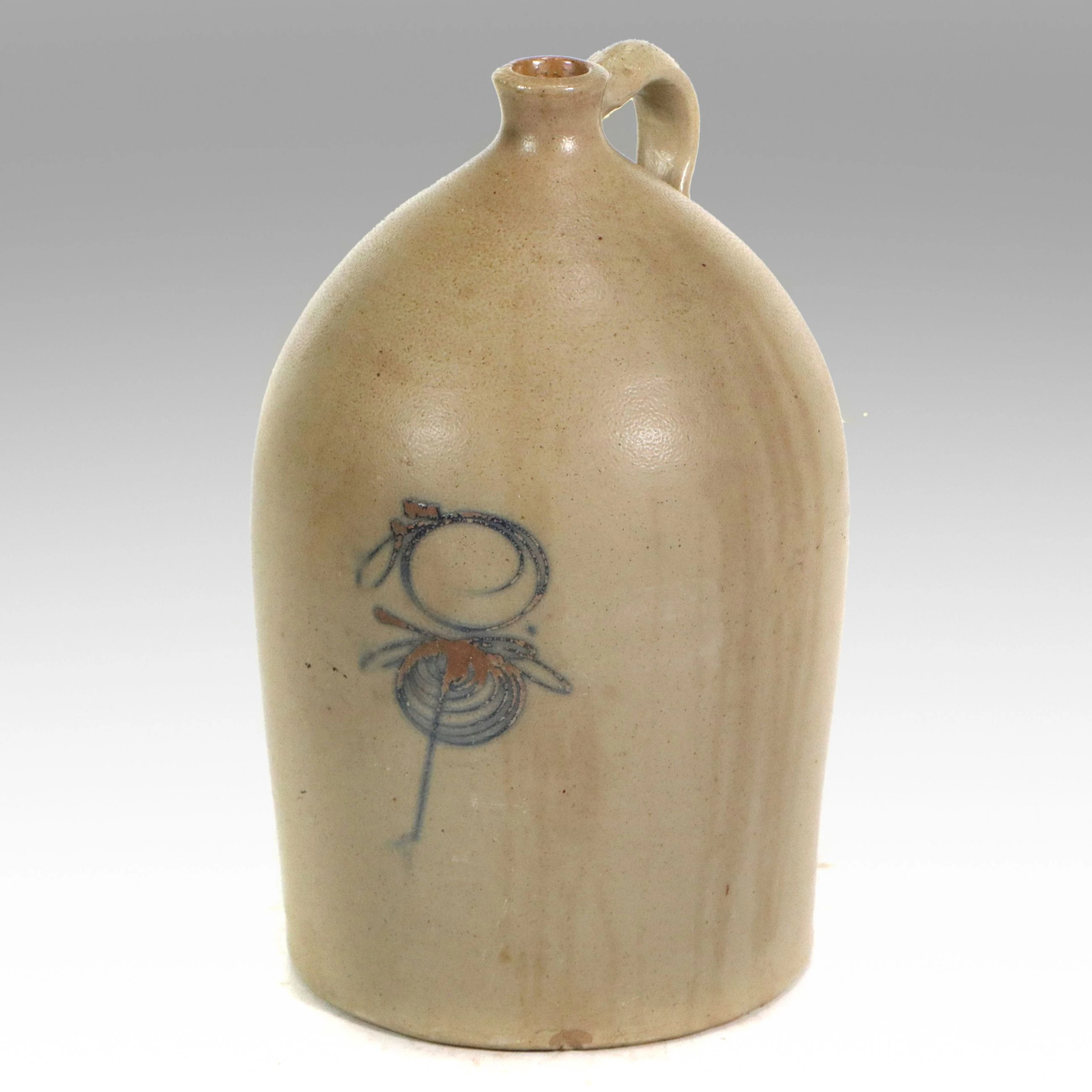 Salt Glazed Stoneware Jug with Cobalt Freehand Bee Sting Design, Antique