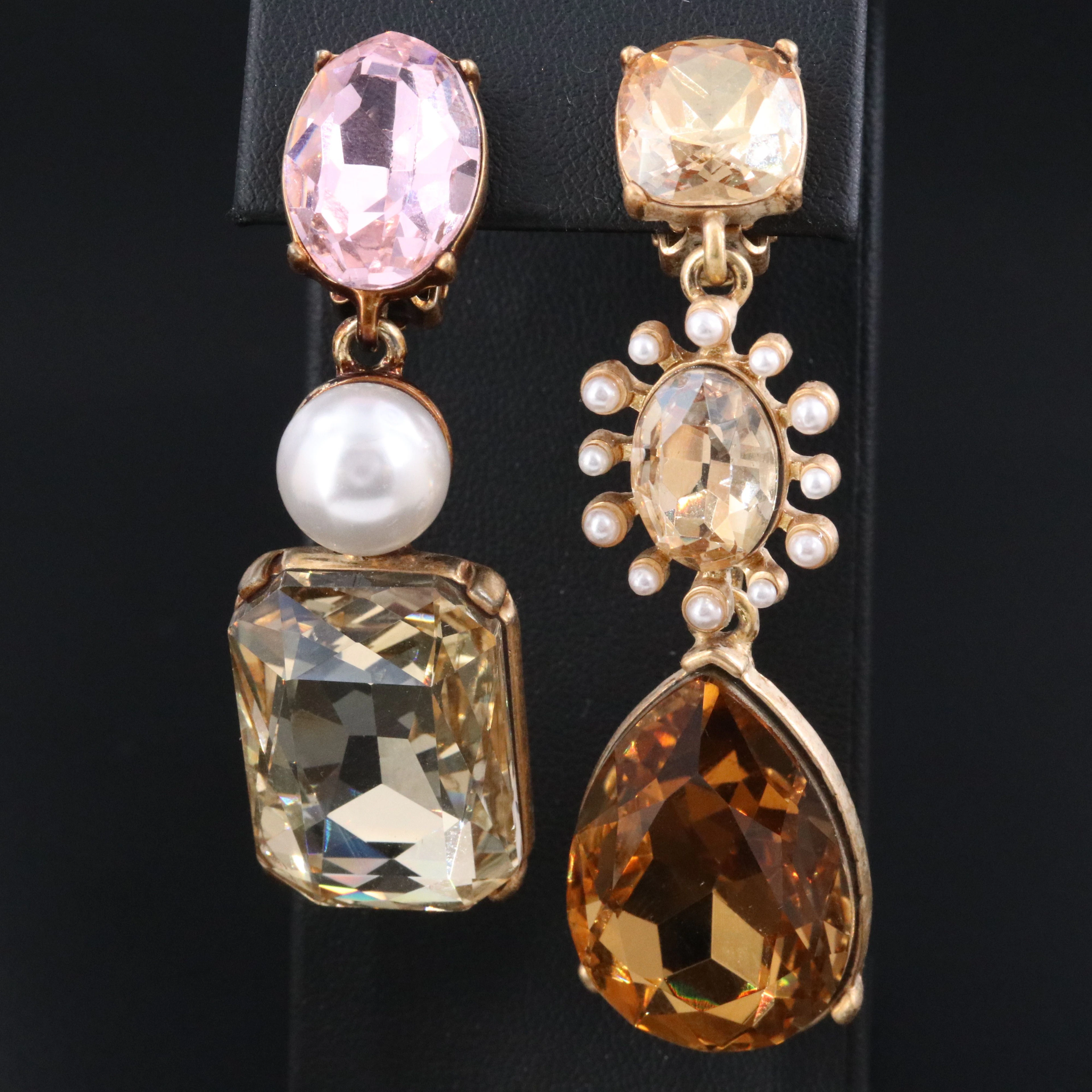 Oscar de la Renta Large Crystal Drop Clip Earrings
