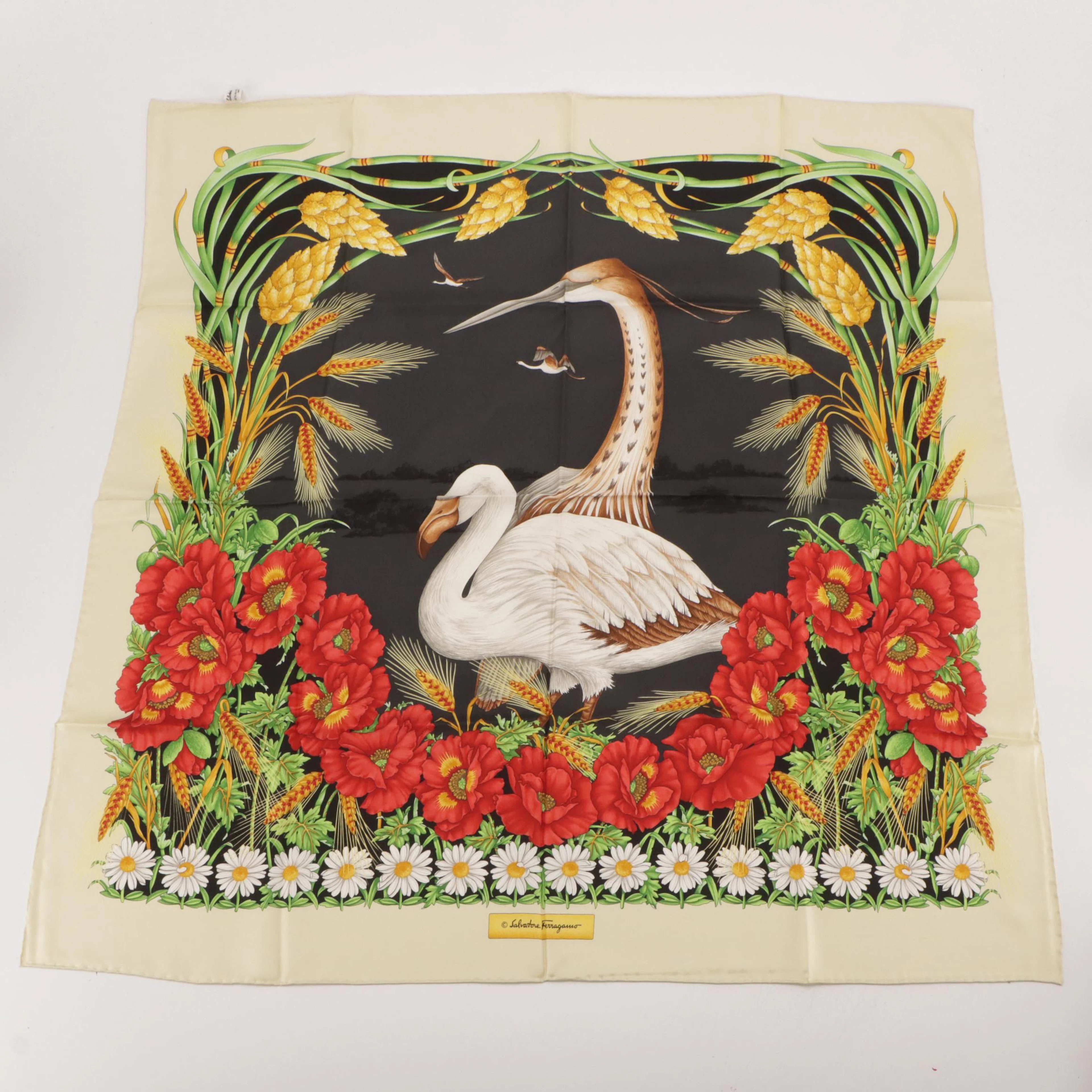 Salvatore Ferragamo Marsh Birds Scarf 90 in Silk Twill with Gift Sleeve