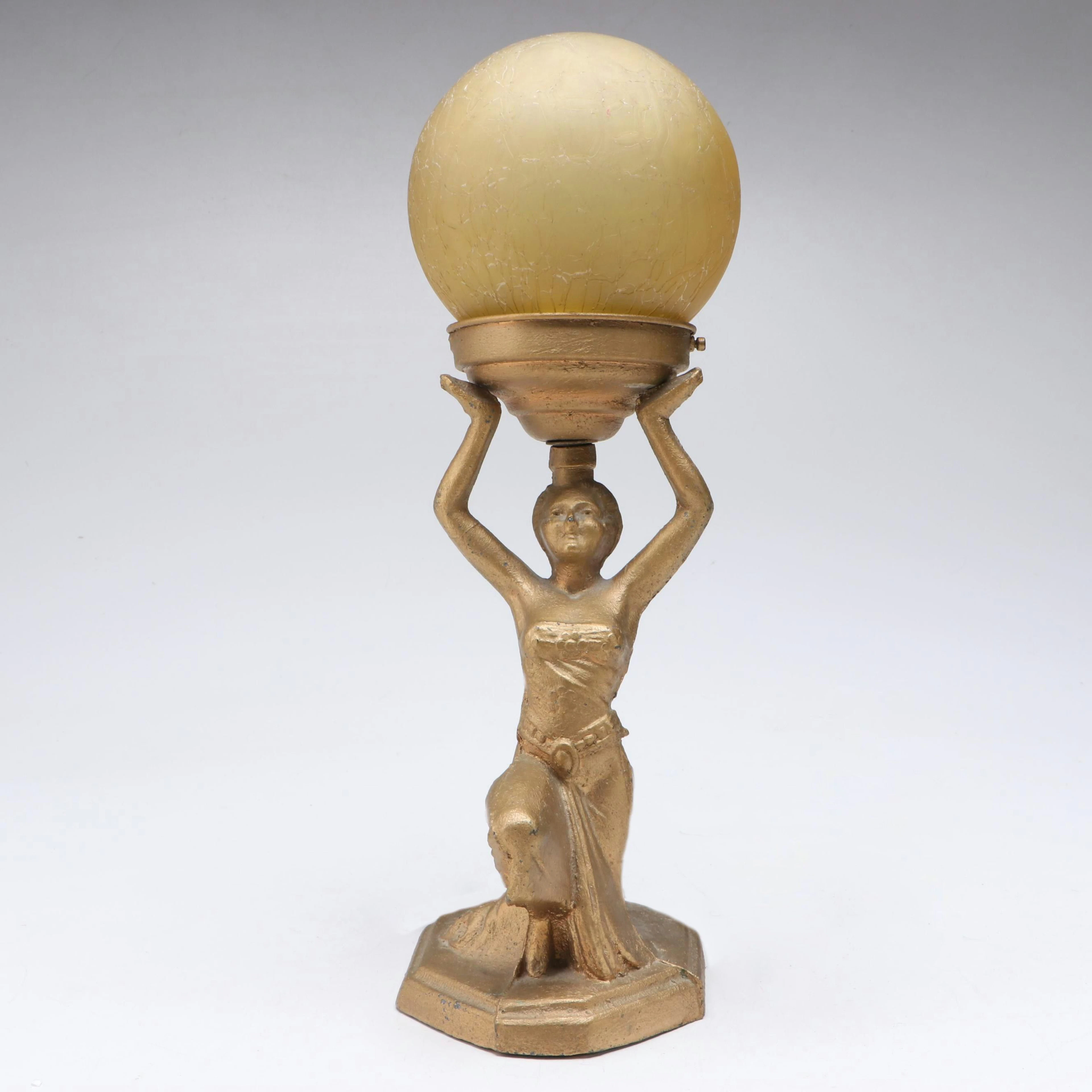 Art Deco Gold Painted Figural Accent Lamp with Crackle Globe Shade
