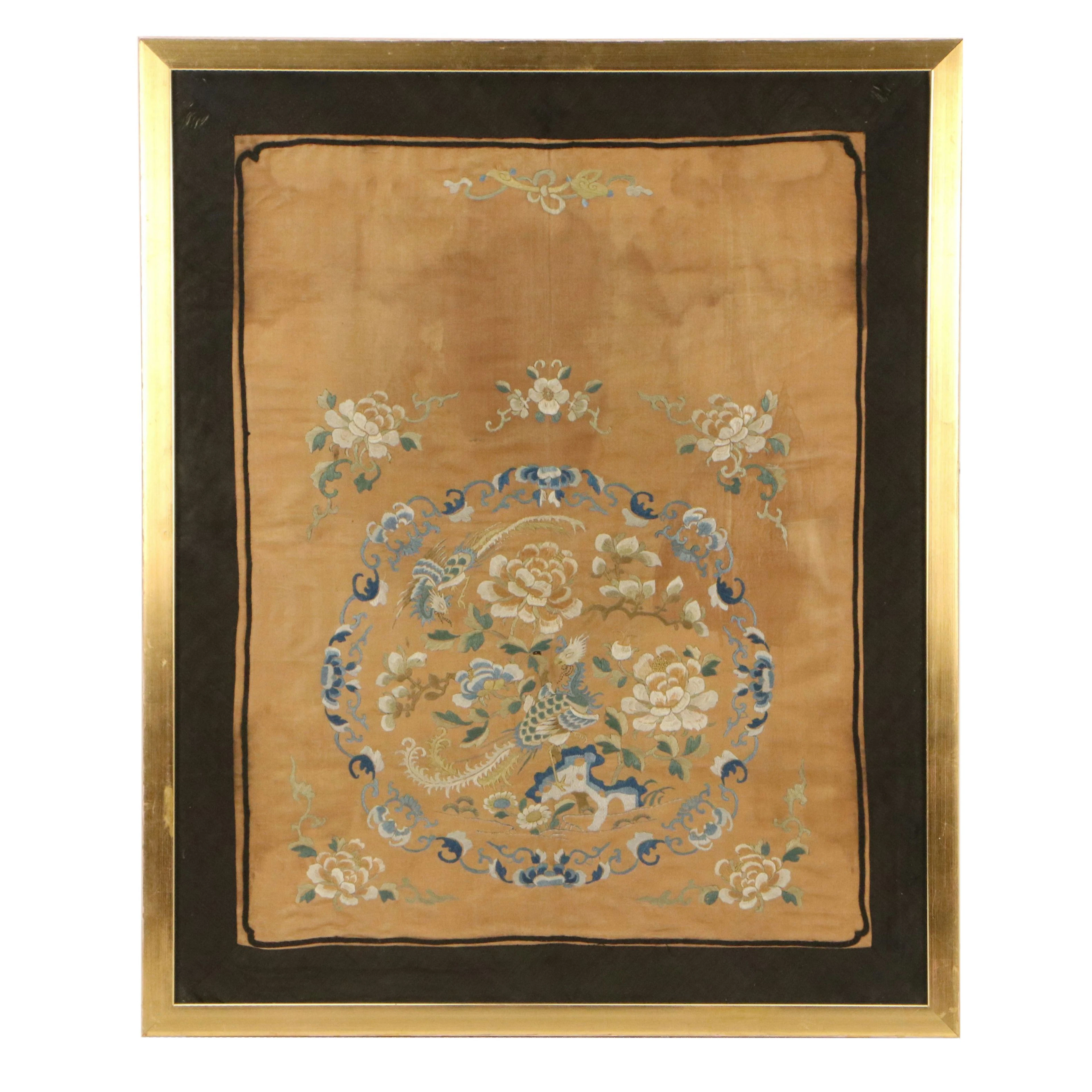 Chinese Embroidery Panel with Peonies and Golden Pheasants