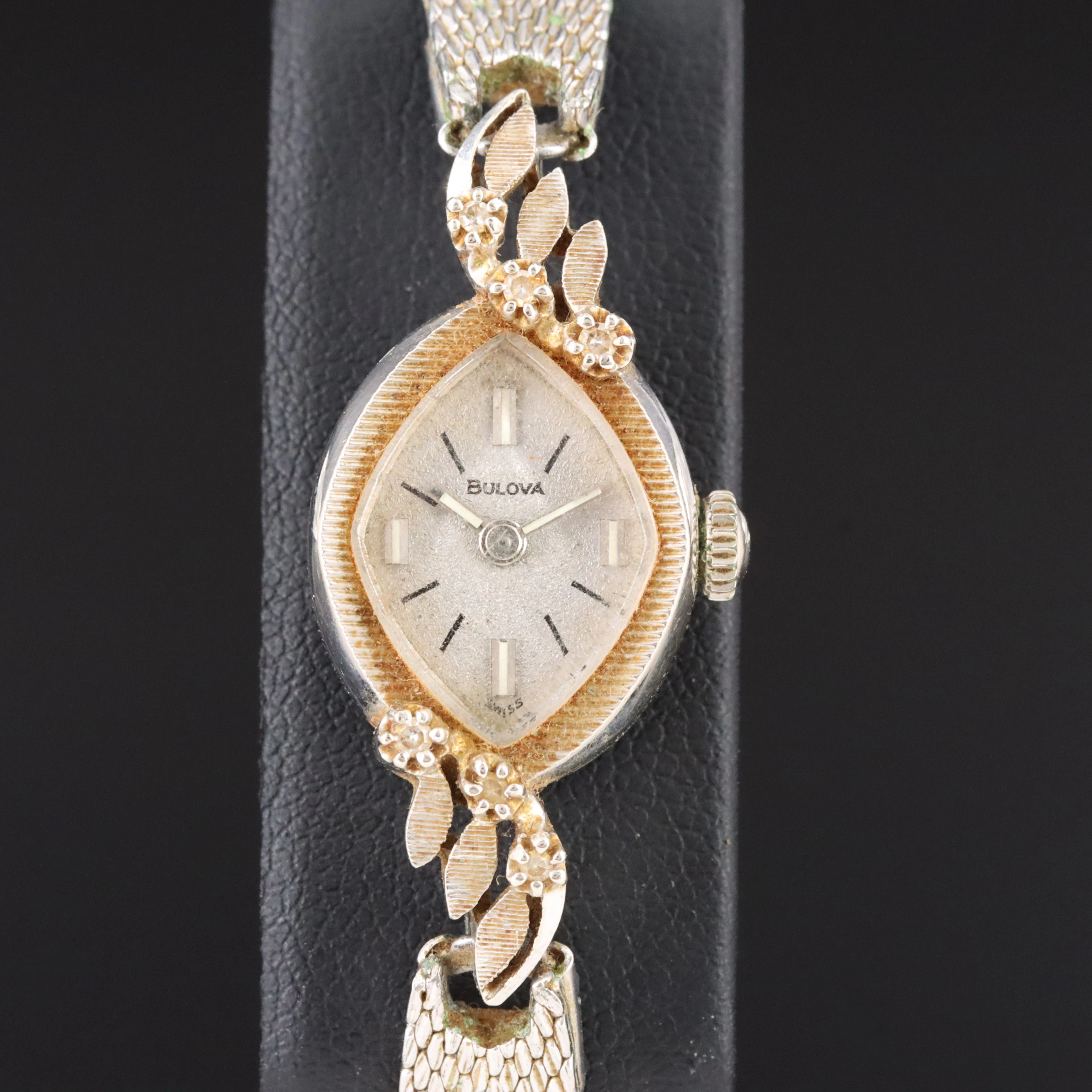 Bulova 14K Diamond Leaf Accented Vintage Stem Wind Watch